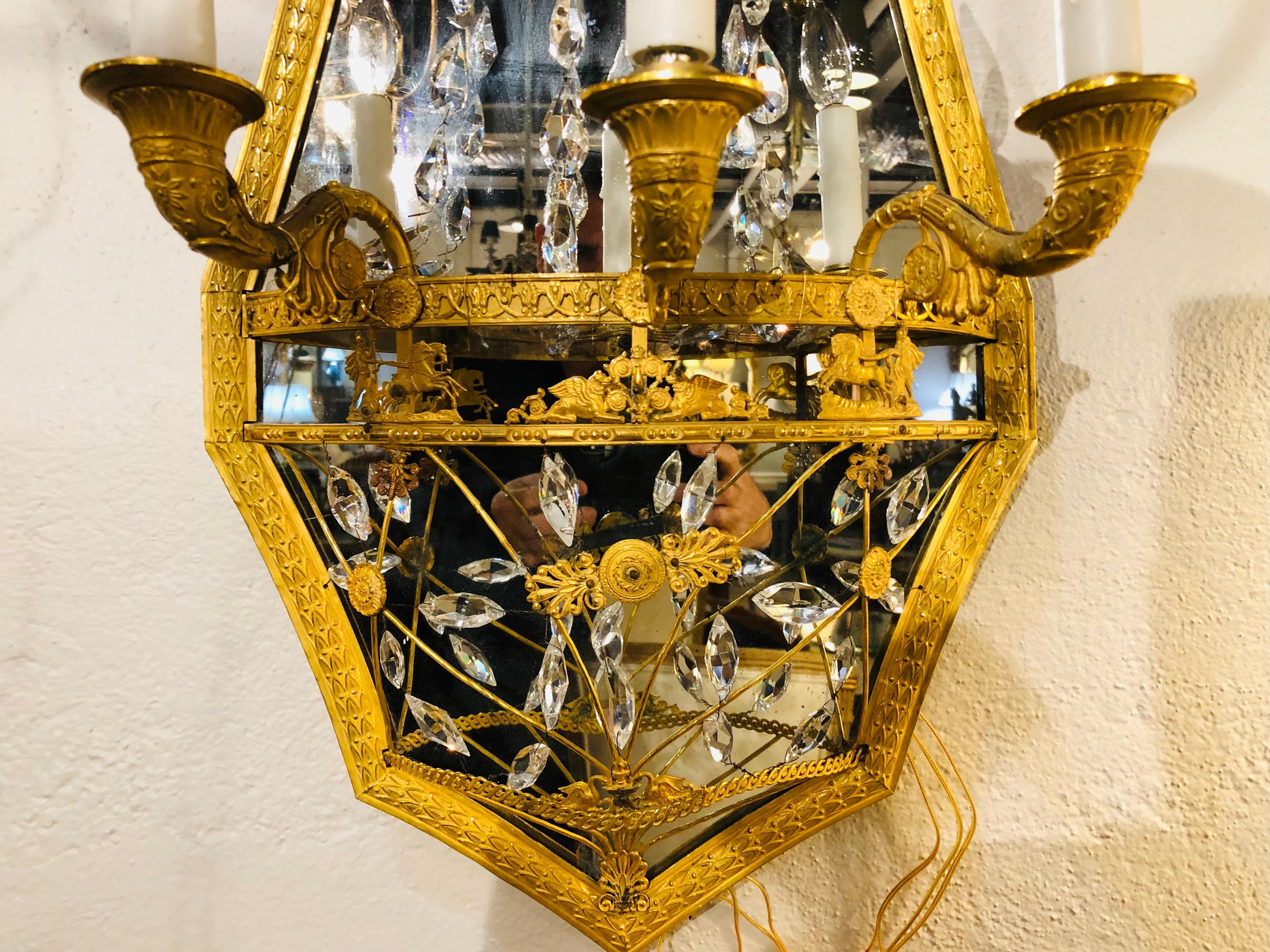 Maison Baguès Attribution, Neoclassical Mirrored Sconces, Bronze, Crystal, 1910s For Sale 9
