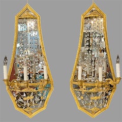 Maison Baguès Attribution, Neoclassical Mirrored Sconces, Bronze, Crystal, 1910s