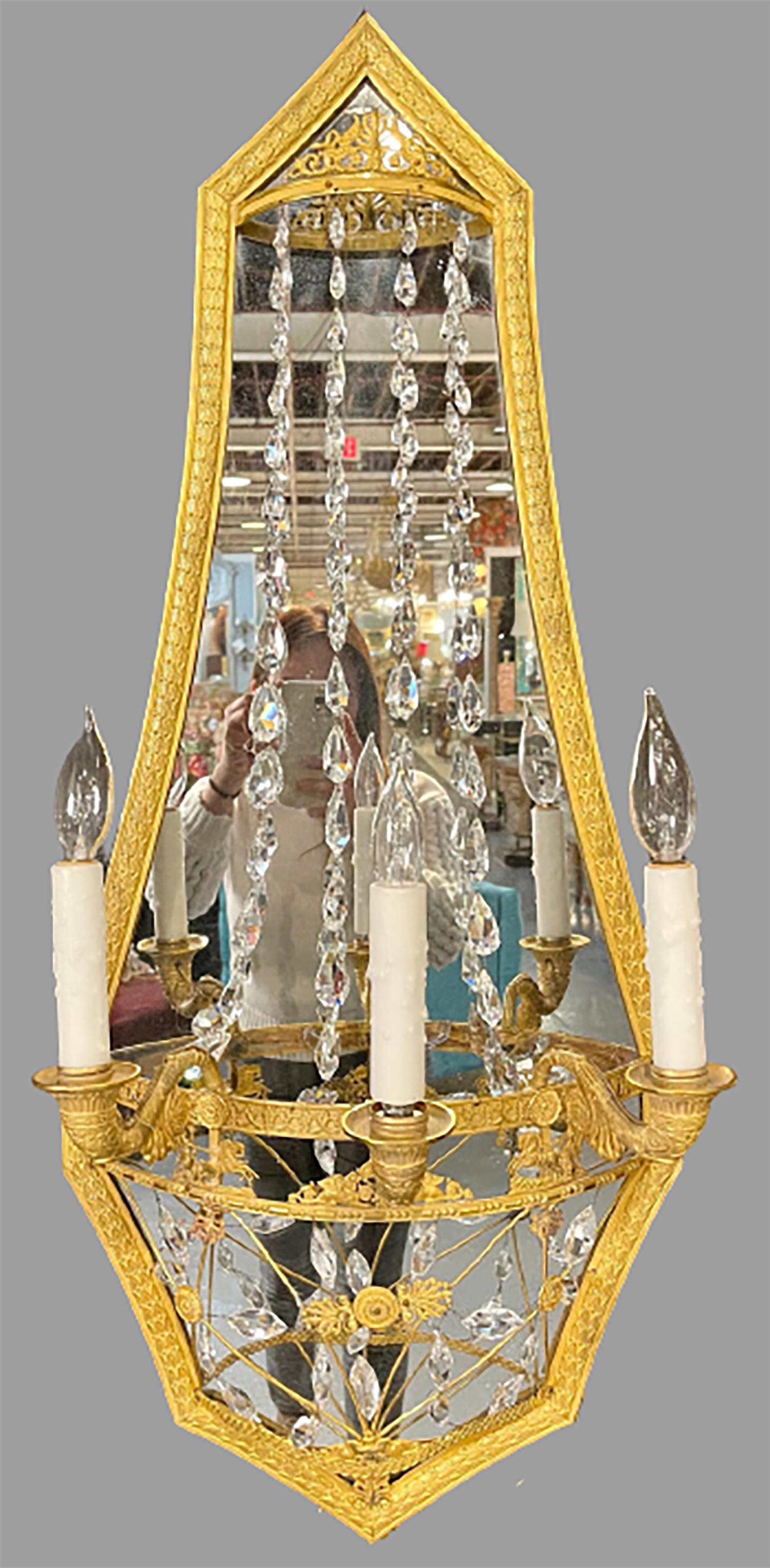 French Maison Baguès Attribution, Neoclassical Mirrored Sconces, Bronze, Crystal, 1910s For Sale