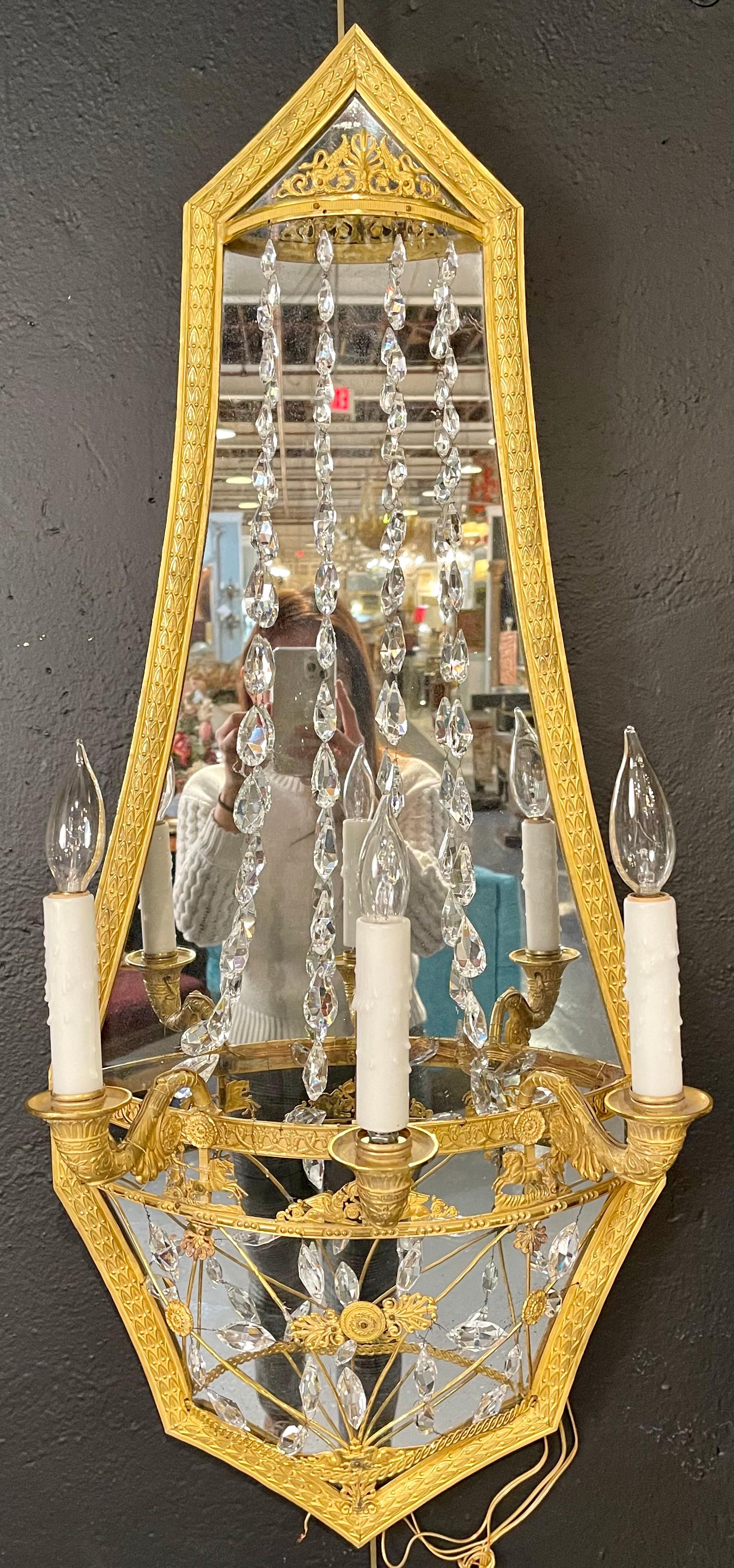 Gilt Maison Baguès Attribution, Neoclassical Mirrored Sconces, Bronze, Crystal, 1910s For Sale