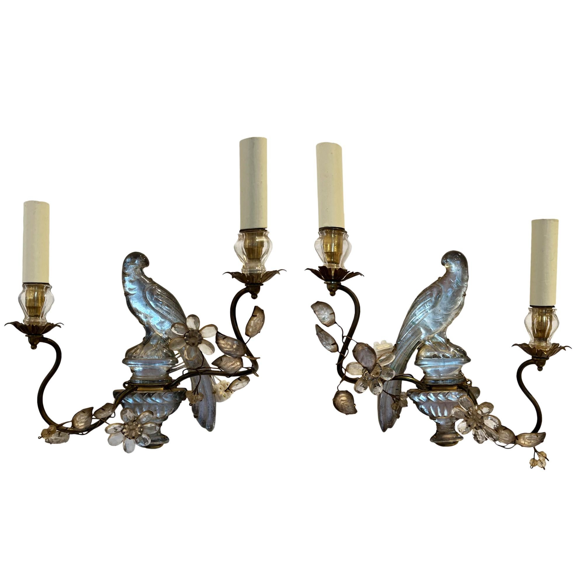 French Pair of Maison Baguès Parrot and Urn Wall Sconces For Sale