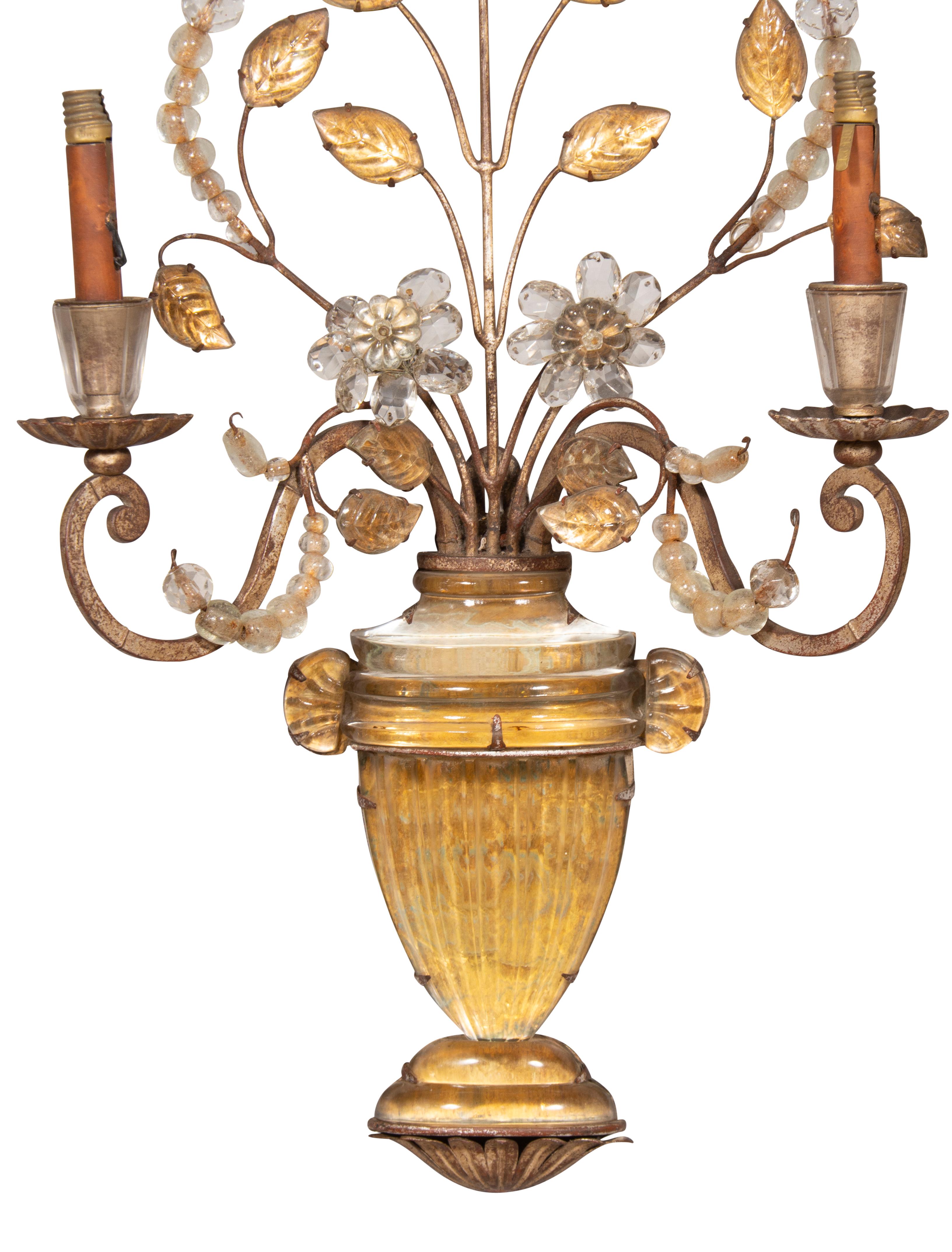 Louis XVI Pair Of Maison Bagues Rock Crystal And Glass Wall Sconces For Sale