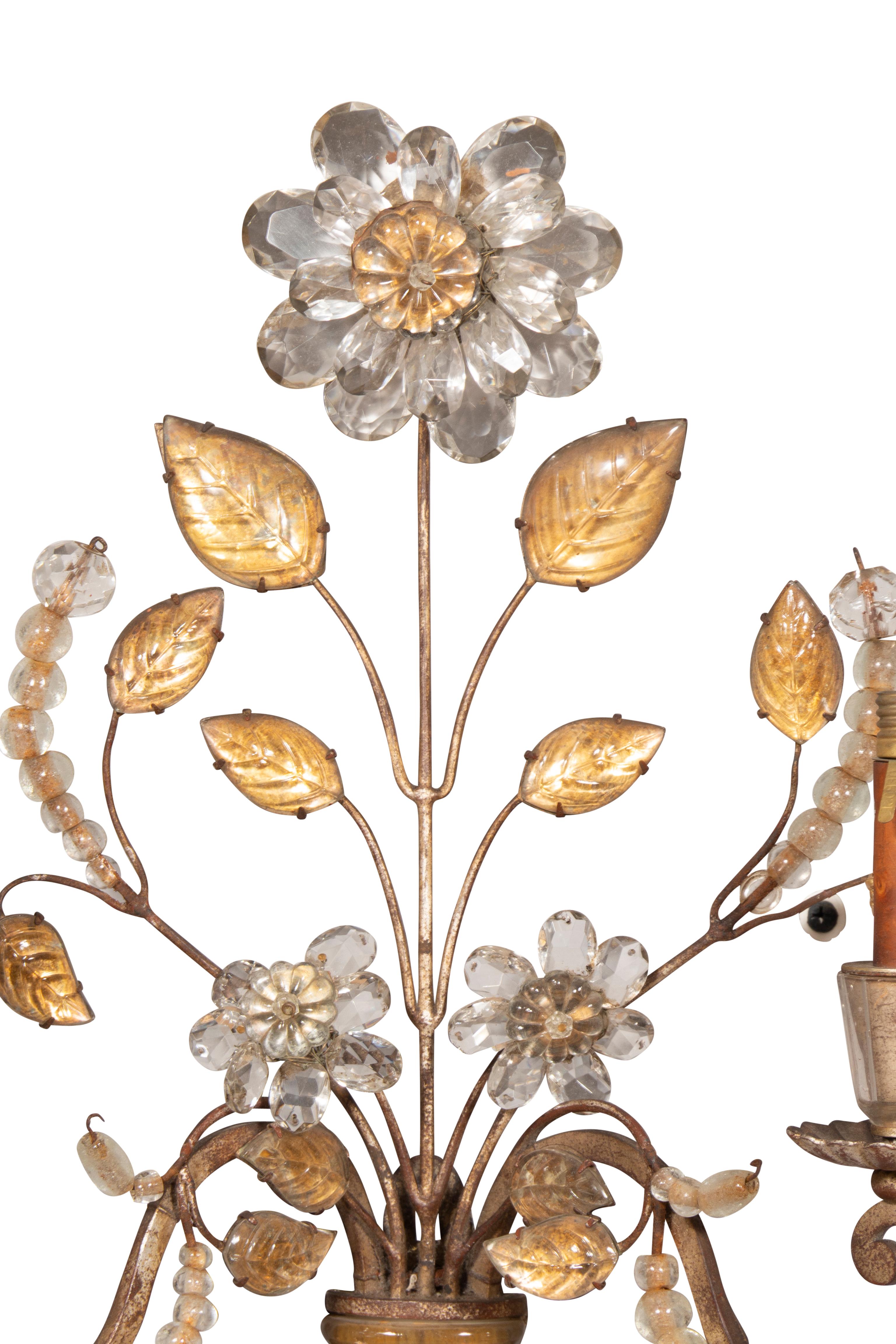 French Pair Of Maison Bagues Rock Crystal And Glass Wall Sconces For Sale