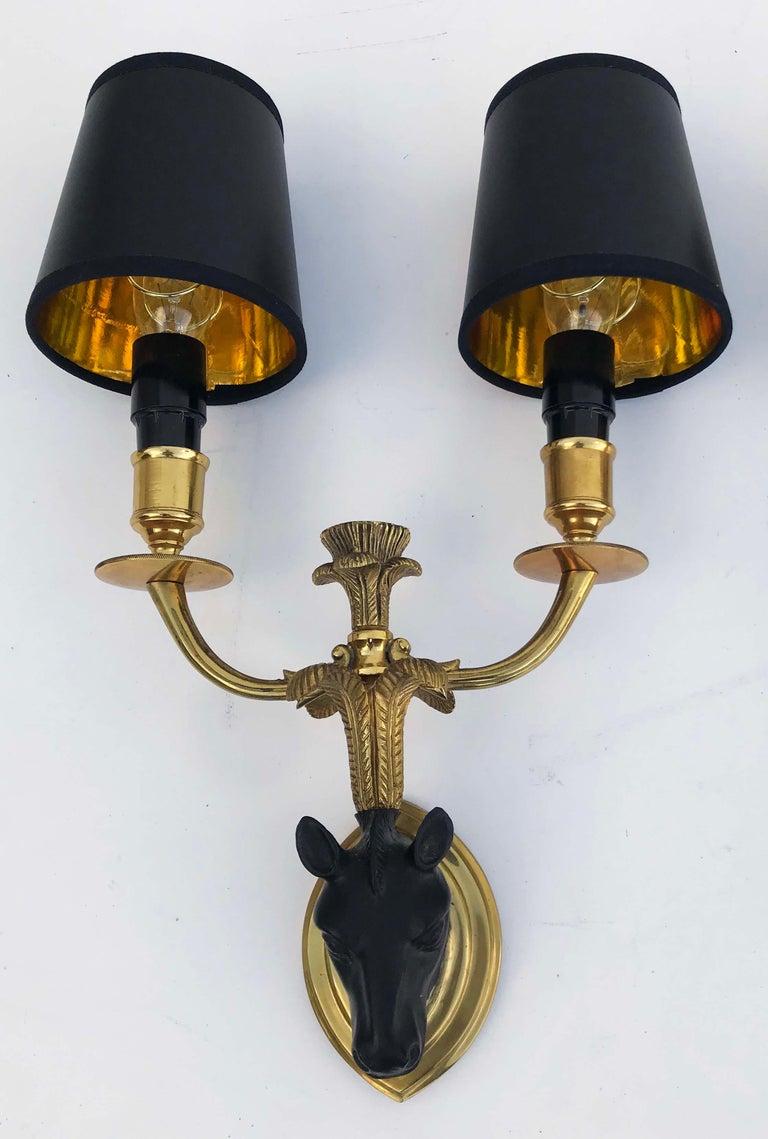 Pair of Maison Baguès Sconces 2 Arm Horse Wall Lights French Neoclassical, 1950 In Good Condition In Miami, FL