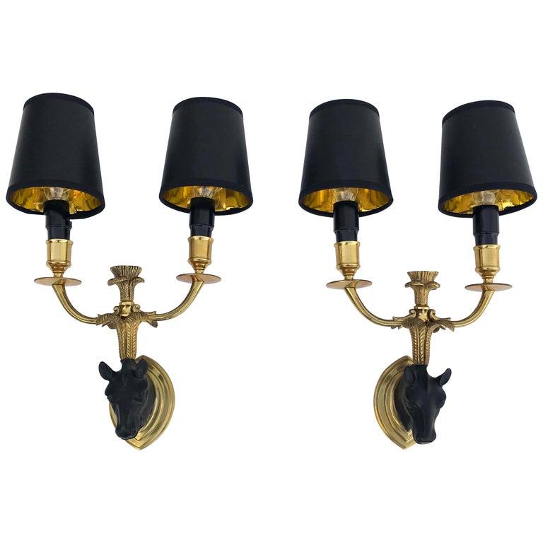Mid-20th Century Pair of Maison Baguès Sconces 2 Arm Horse Wall Lights French Neoclassical, 1950