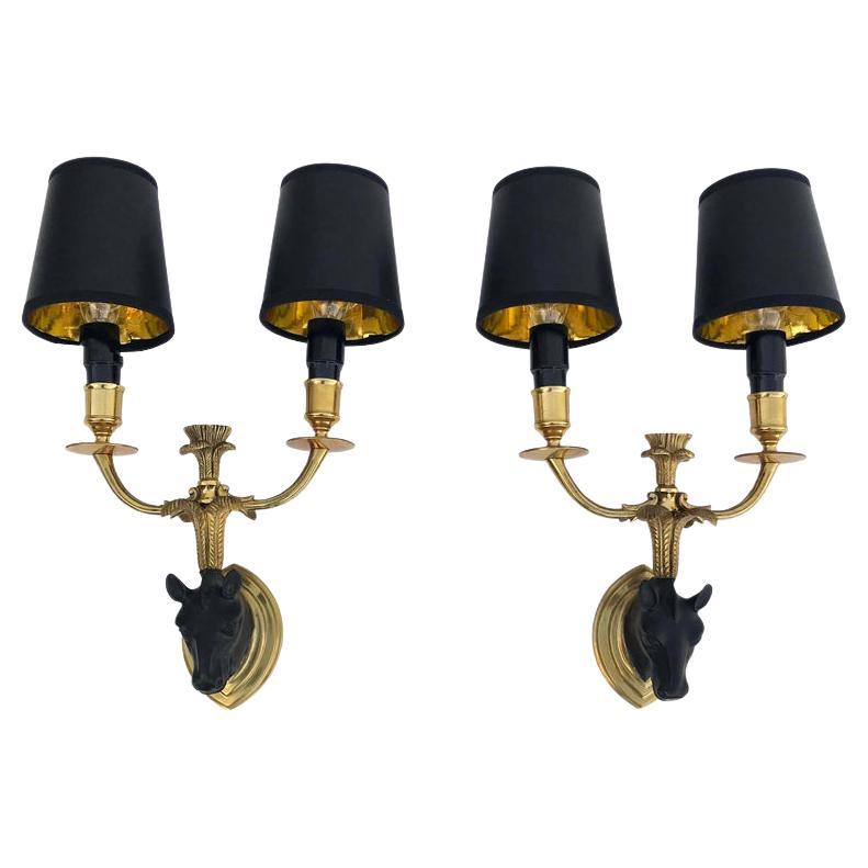 Pair of Maison Baguès Sconces 2 Arm Horse Wall Lights French Neoclassical, 1950