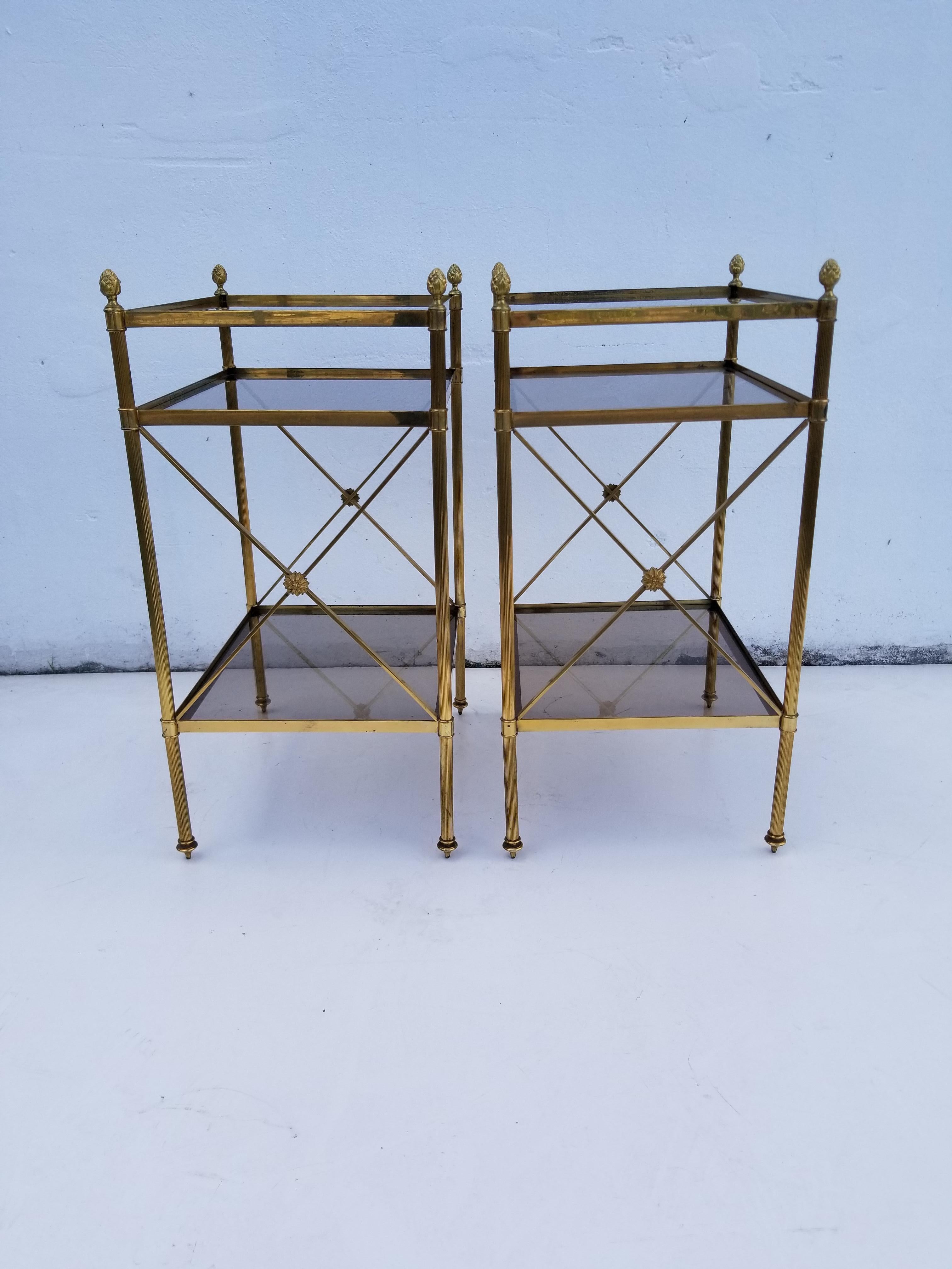 Pair of Maison Baguès 3-tier side tables.
Measure: 1st-tier high 8
2nd-tier high 20
Very good vintage condition.
2 pairs available, 4 tables total.