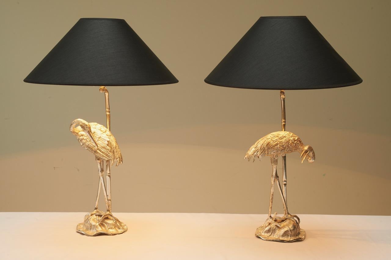 Pair of 1970s silver plated bronze table lamps including a heron element. Designed by Maison Baguès. Produced circa 1970s.
  