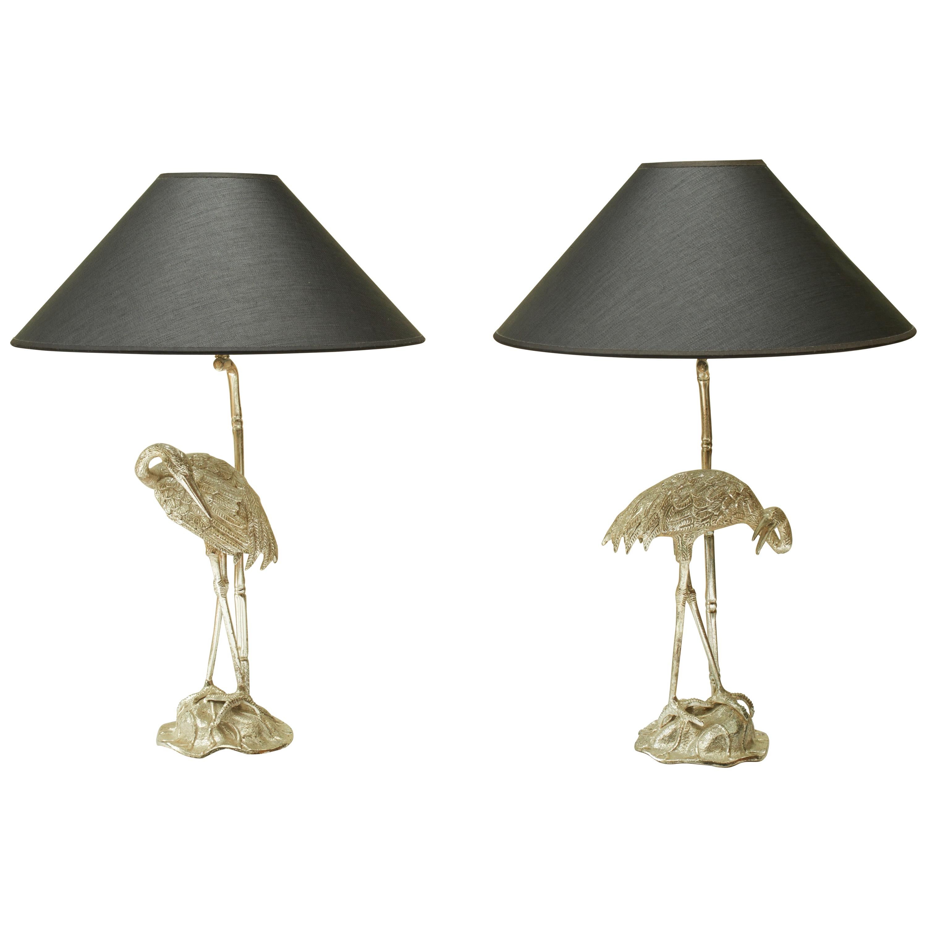 Pair of Maison Baguès Silver Plated Heron Table Lamps