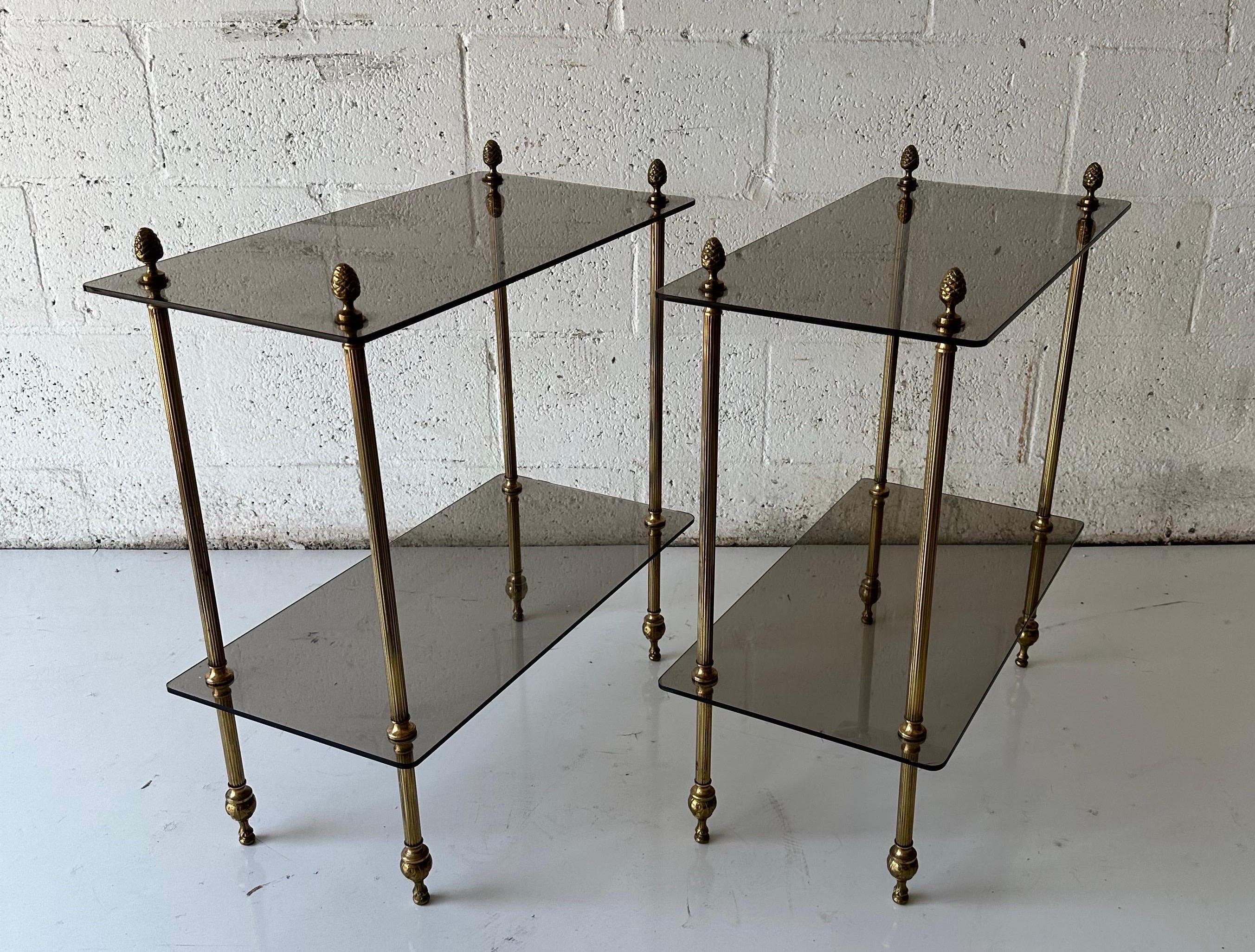 French Pair of Maison Baguès style Brass and glass side tables For Sale
