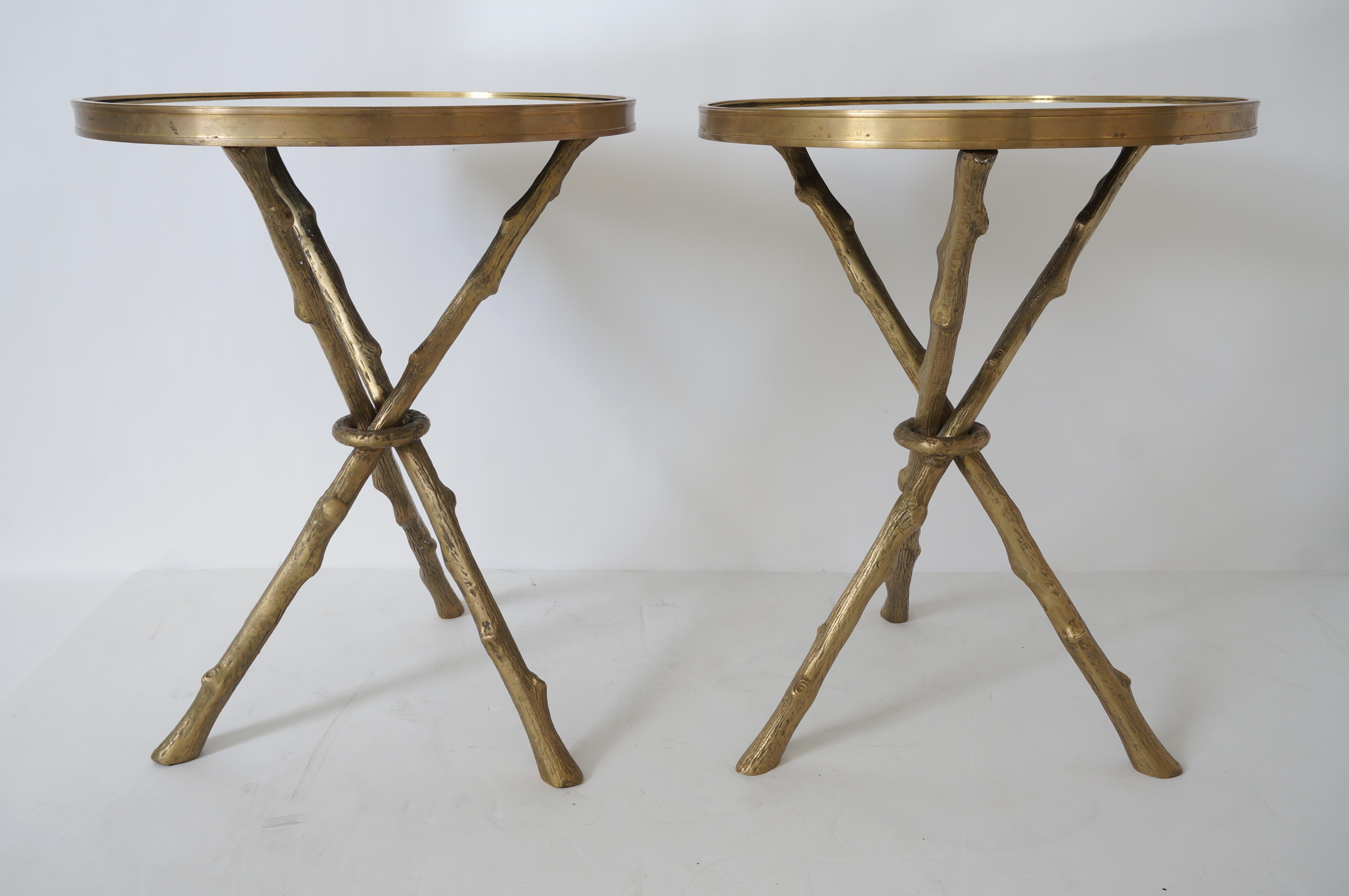 Hollywood Regency Pair of Maison Bagues Style Brass Faux Bois Tables