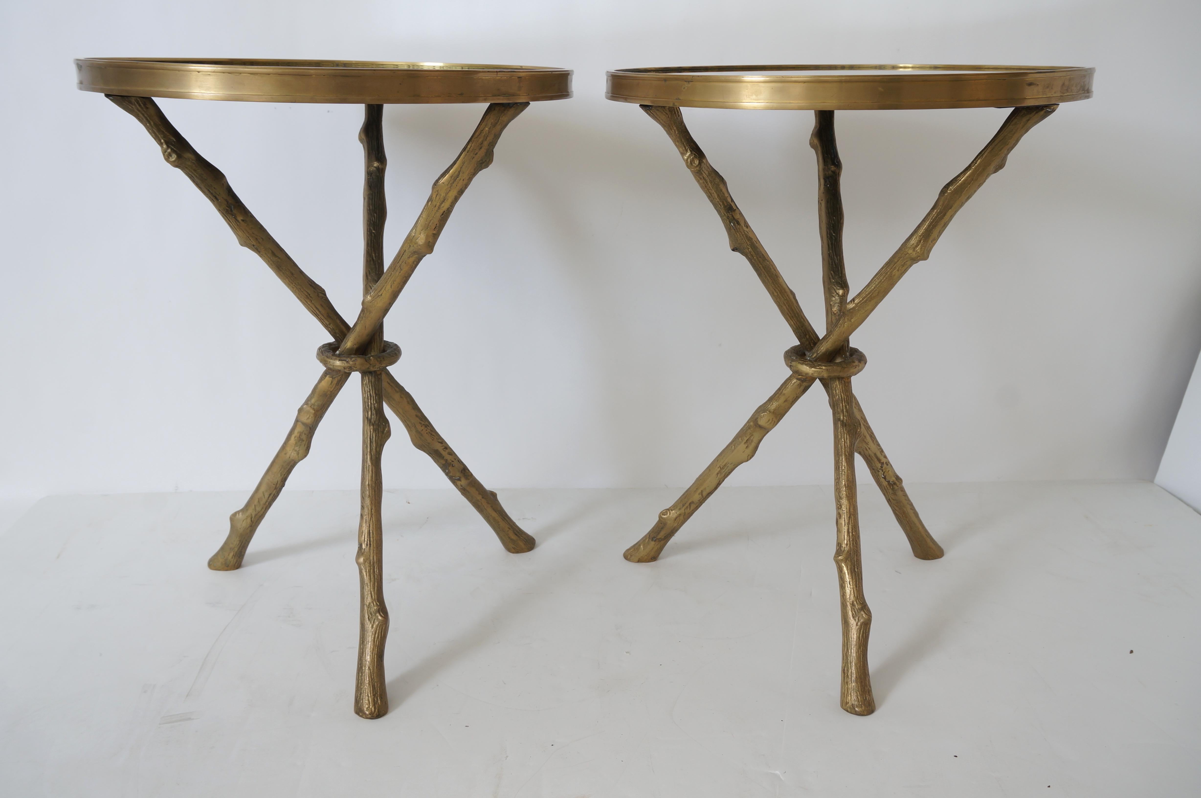 Cast Pair of Maison Bagues Style Brass Faux Bois Tables