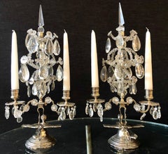 Pair of Maison Baguès Style Candelabras in Silvered Bronze and Crystal
