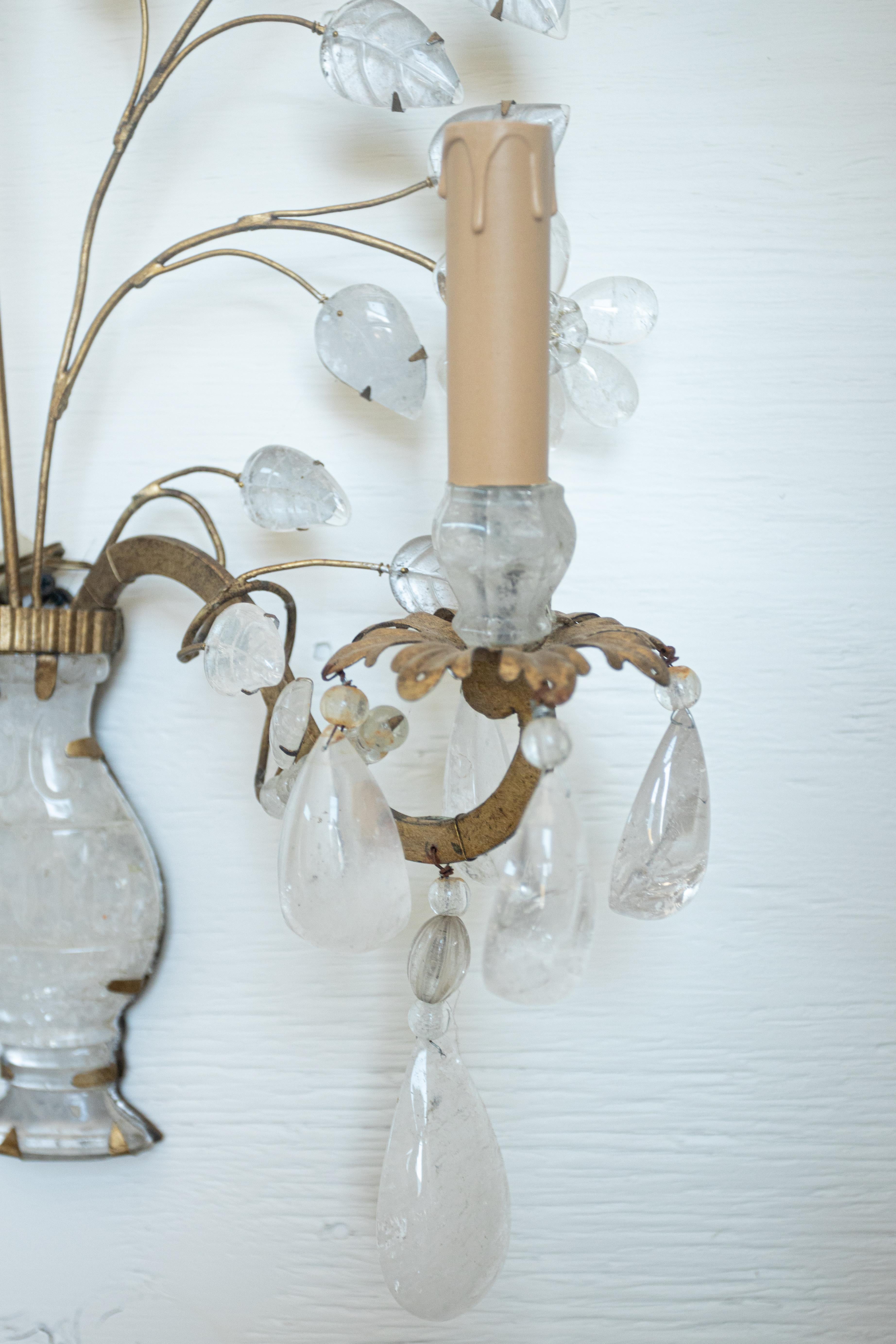 Belle Époque Pair of Maison Bagues Style Gilt and Rock Crystal Sconces For Sale