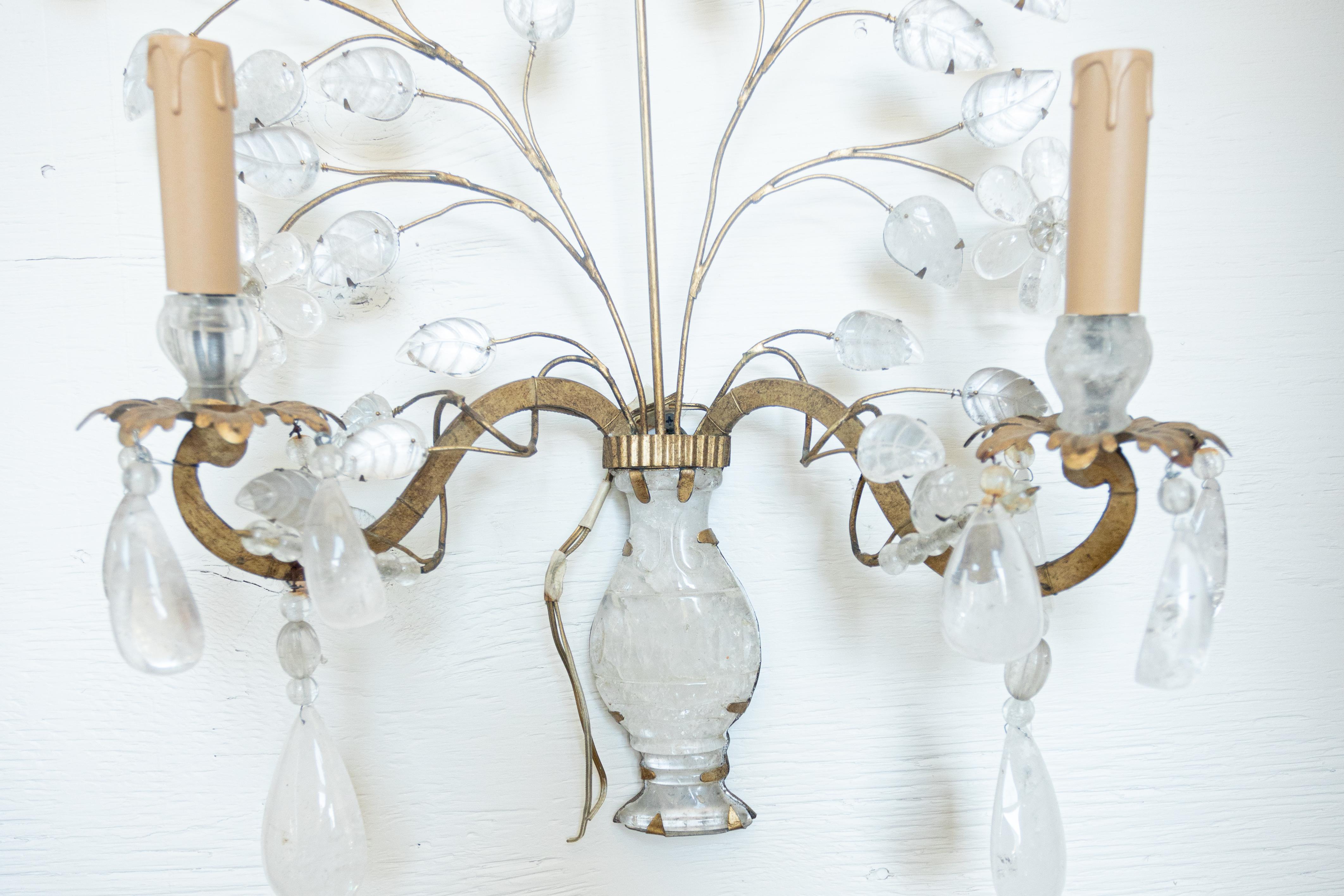 French Pair of Maison Bagues Style Gilt and Rock Crystal Sconces For Sale
