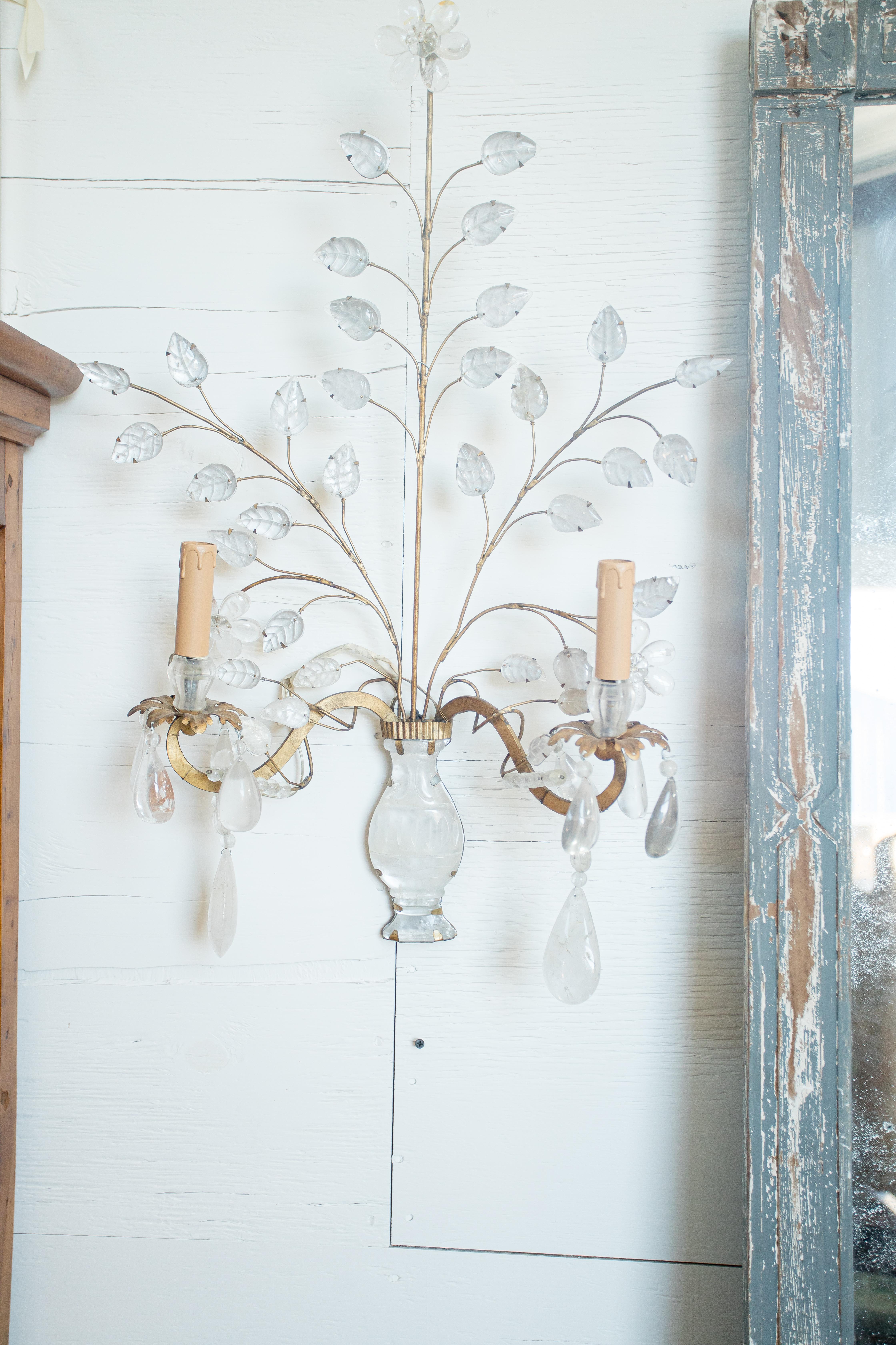 Pair of Maison Bagues Style Gilt and Rock Crystal Sconces In Good Condition For Sale In Atlanta, GA