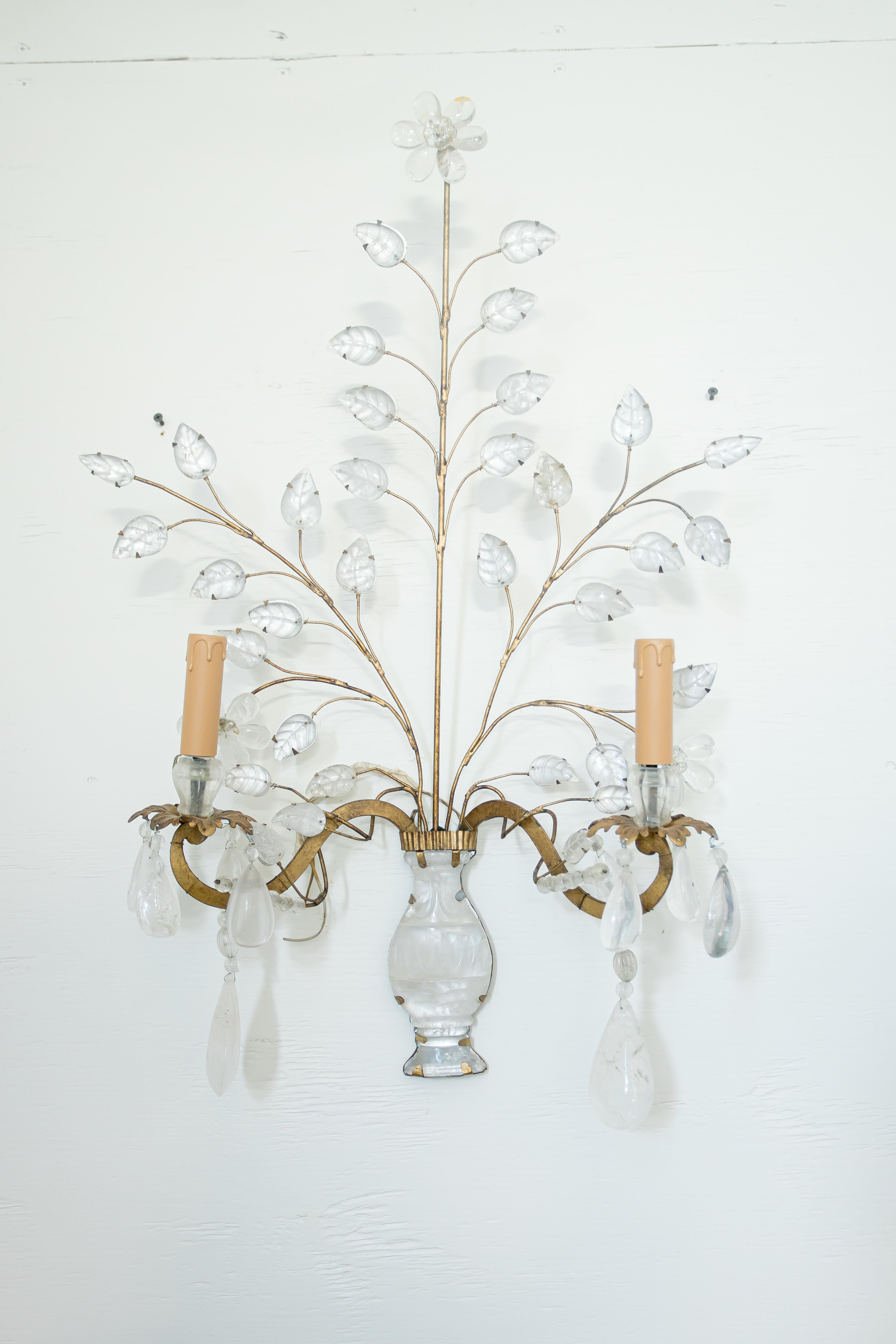20th Century Pair of Maison Bagues Style Gilt and Rock Crystal Sconces For Sale