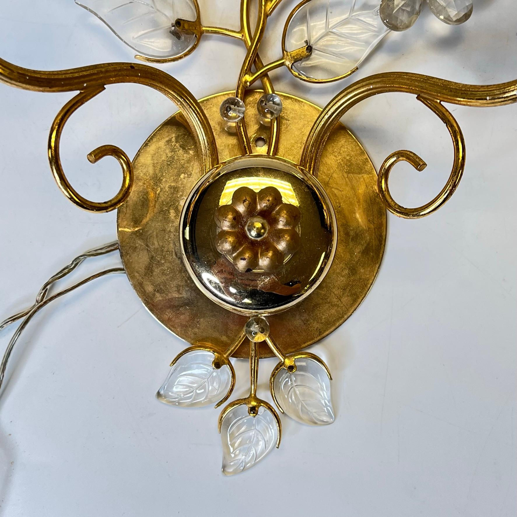 Pair of Maison Baguès Style Gilt Brass and Glass Sconces For Sale 8