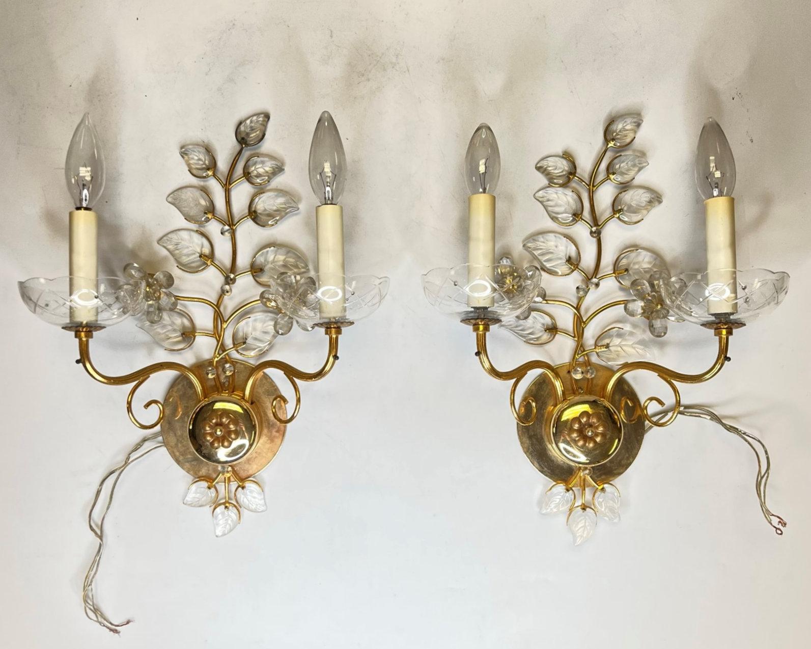 Pair of Maison Baguès style Gilt Brass and Glass Sconces.