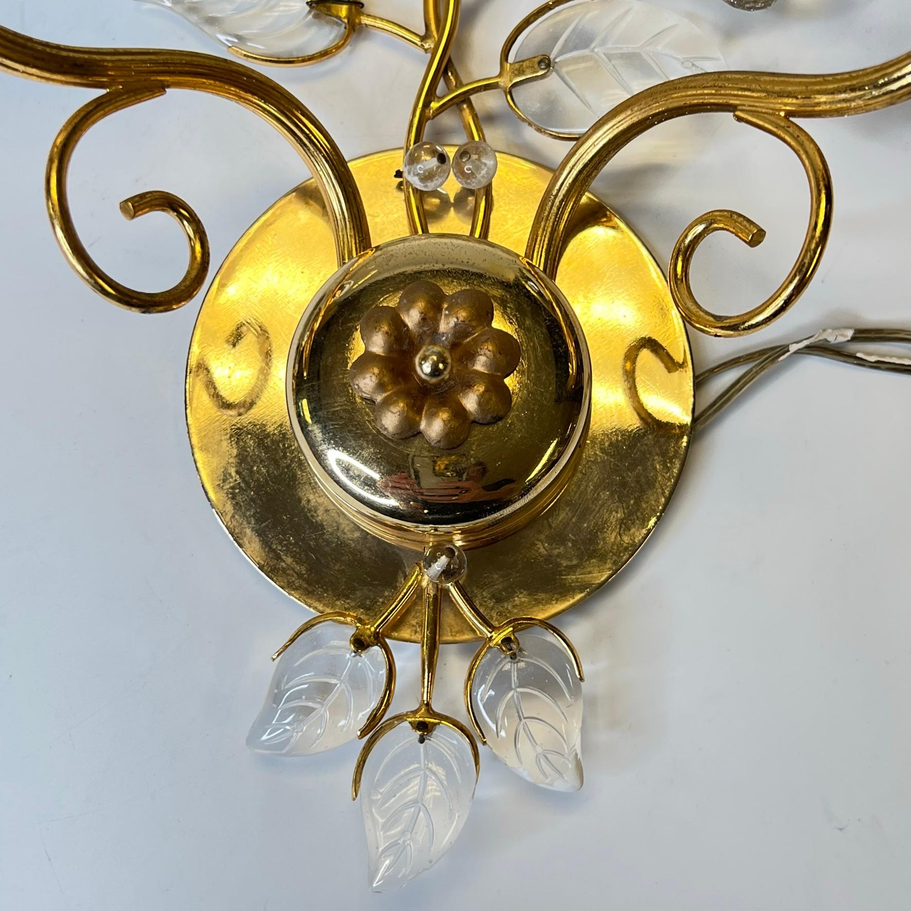 Pair of Maison Baguès Style Gilt Brass and Glass Sconces For Sale 1