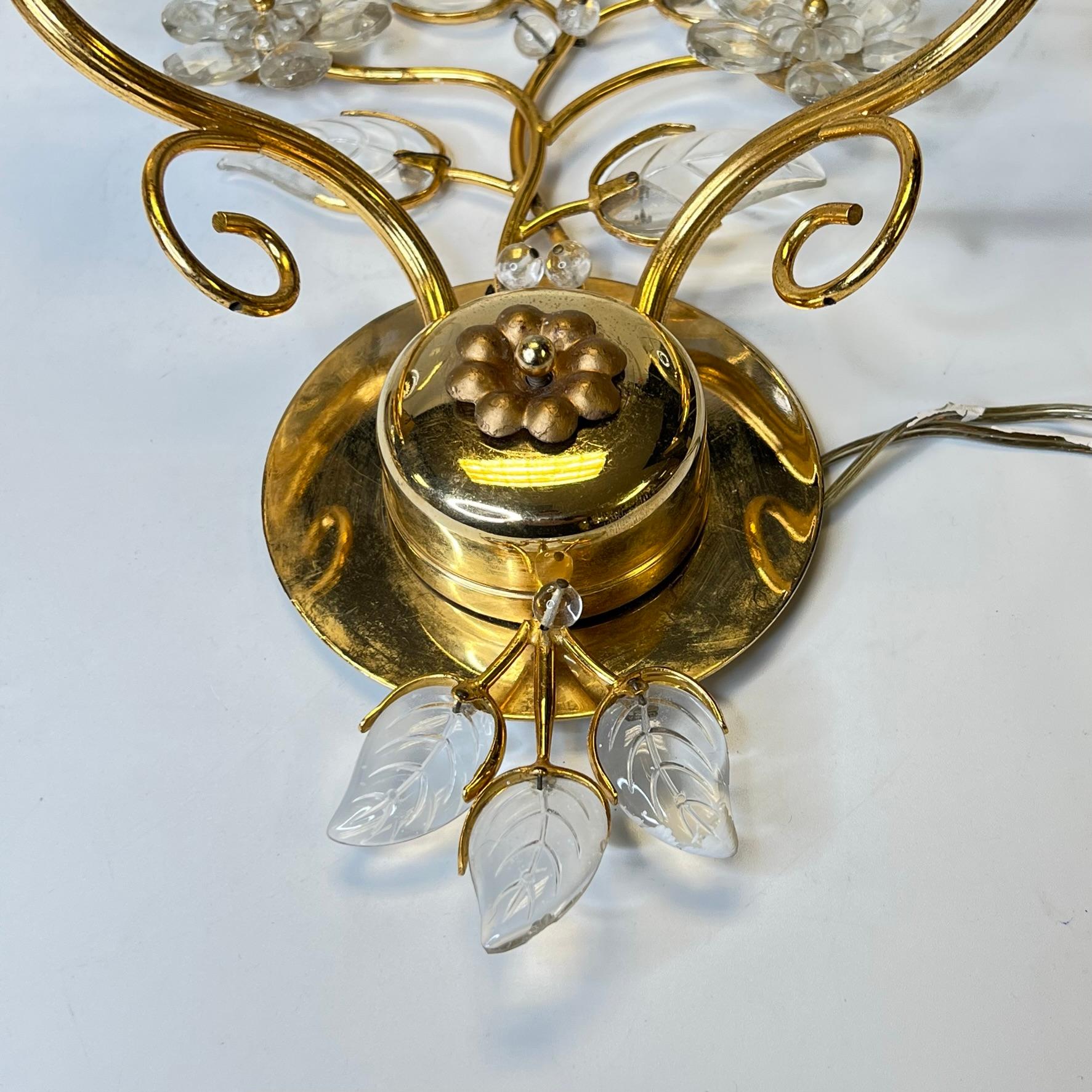 Pair of Maison Baguès Style Gilt Brass and Glass Sconces For Sale 2