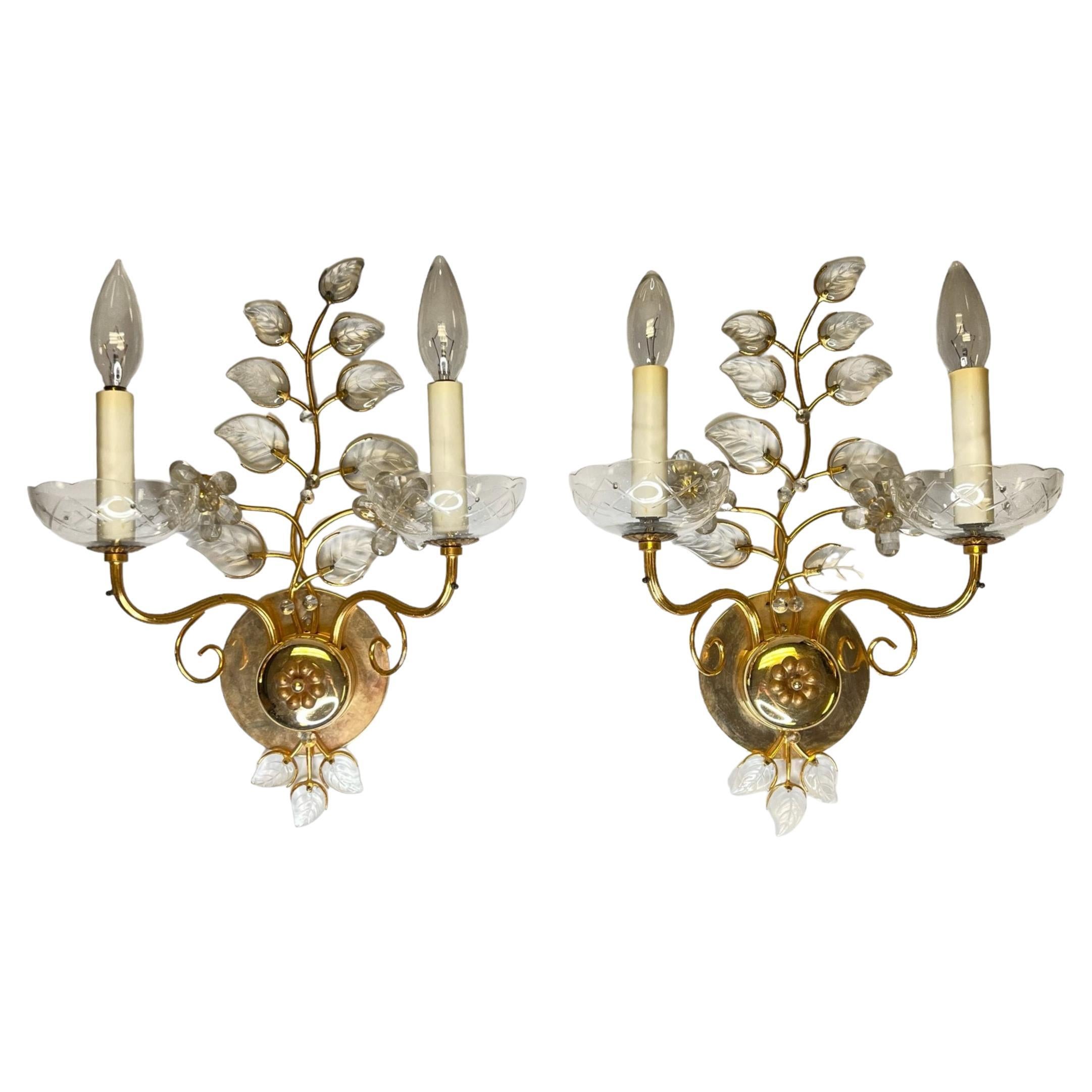 Pair of Maison Baguès Style Gilt Brass and Glass Sconces