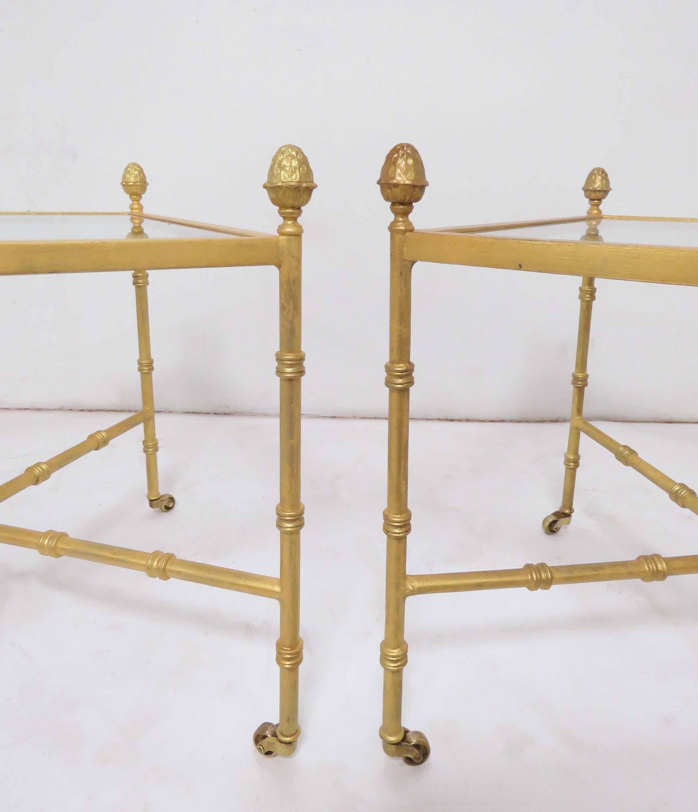 Hollywood Regency Pair of Maison Baguès Style Gilt End Tables with X-Stretchers and Acorn Finials