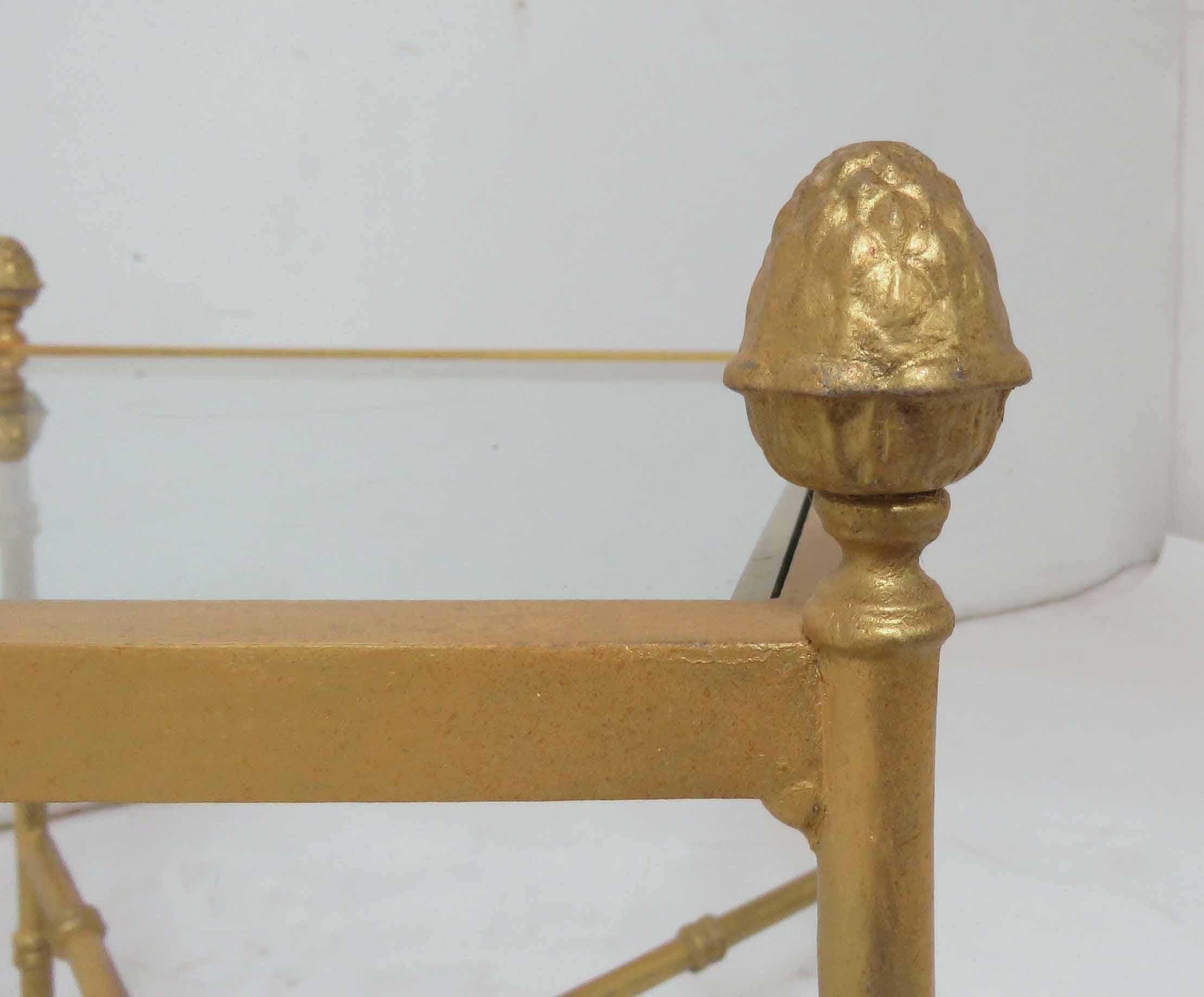 Unknown Pair of Maison Baguès Style Gilt End Tables with X-Stretchers and Acorn Finials
