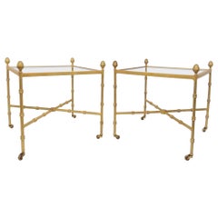 Pair of Maison Baguès Style Gilt End Tables with X-Stretchers and Acorn Finials