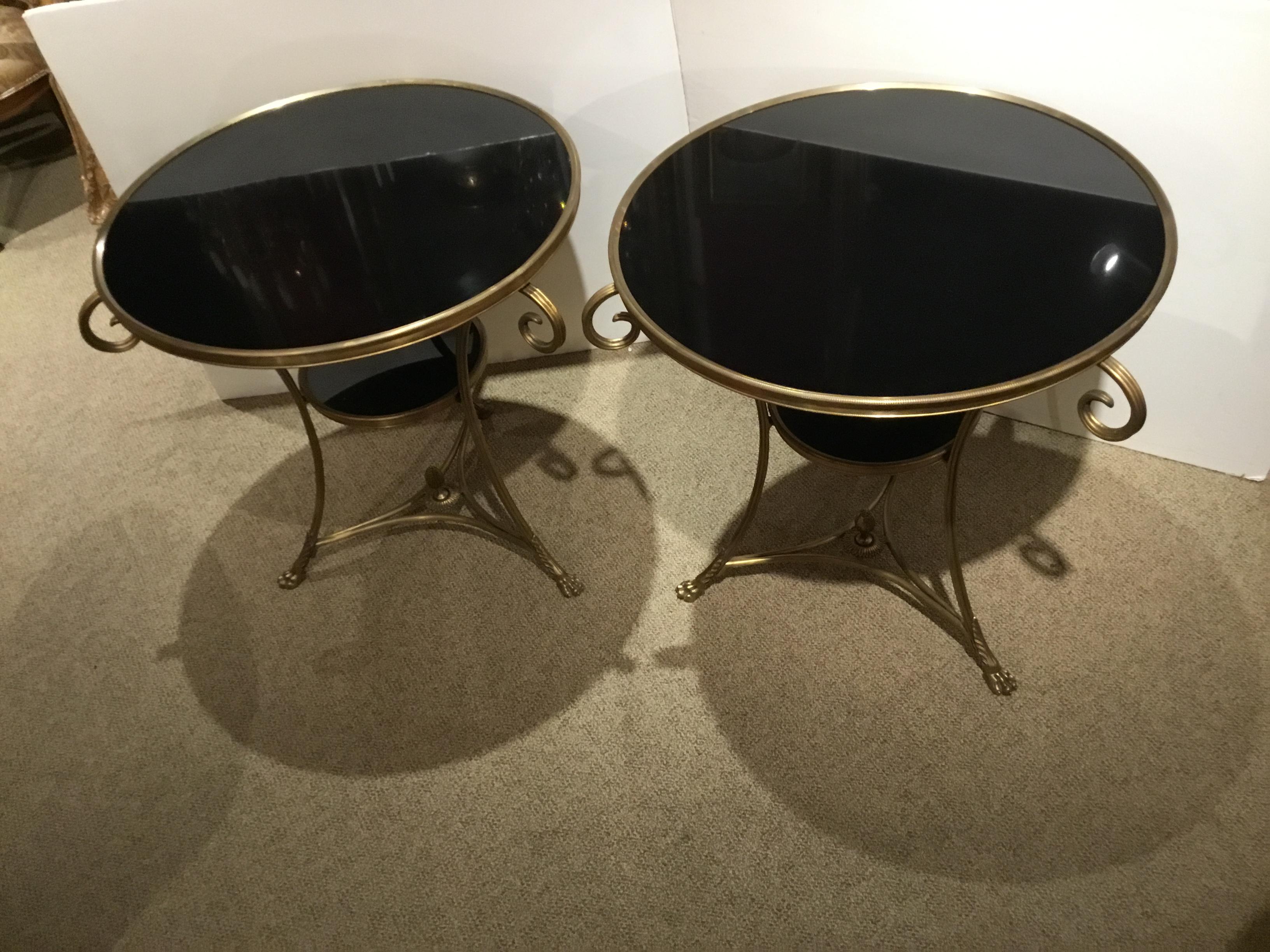 Brass Pair of Maison Baguès Style Guéridons / Occasional Tables with Black Marble