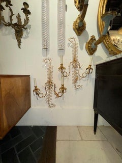 Pair of Maison Bagues Style Rock Crystal and Brass Sconces with 2 Lights