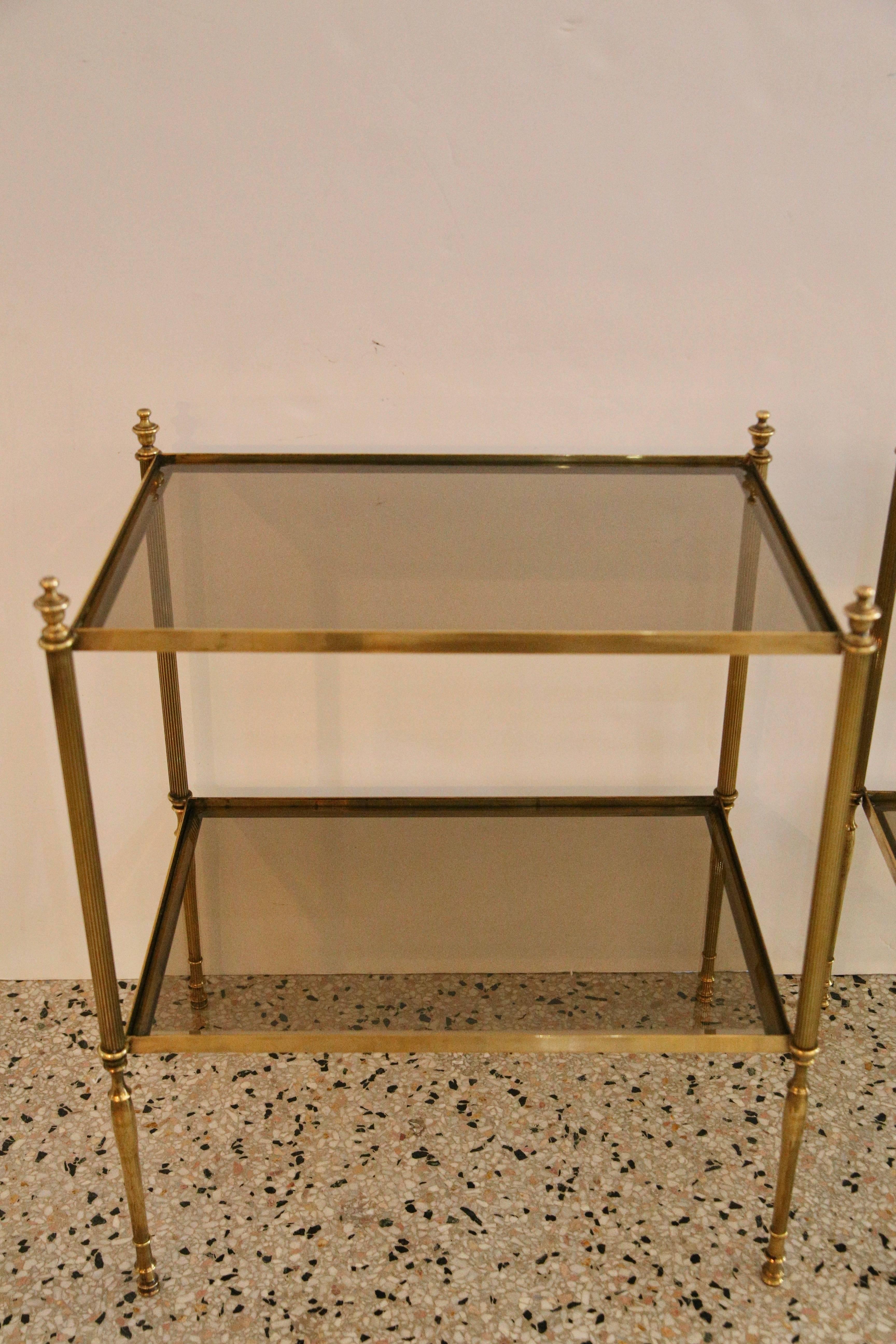 Hollywood Regency Pair of Maison Baguès Style Side Tables in Brass and Glass