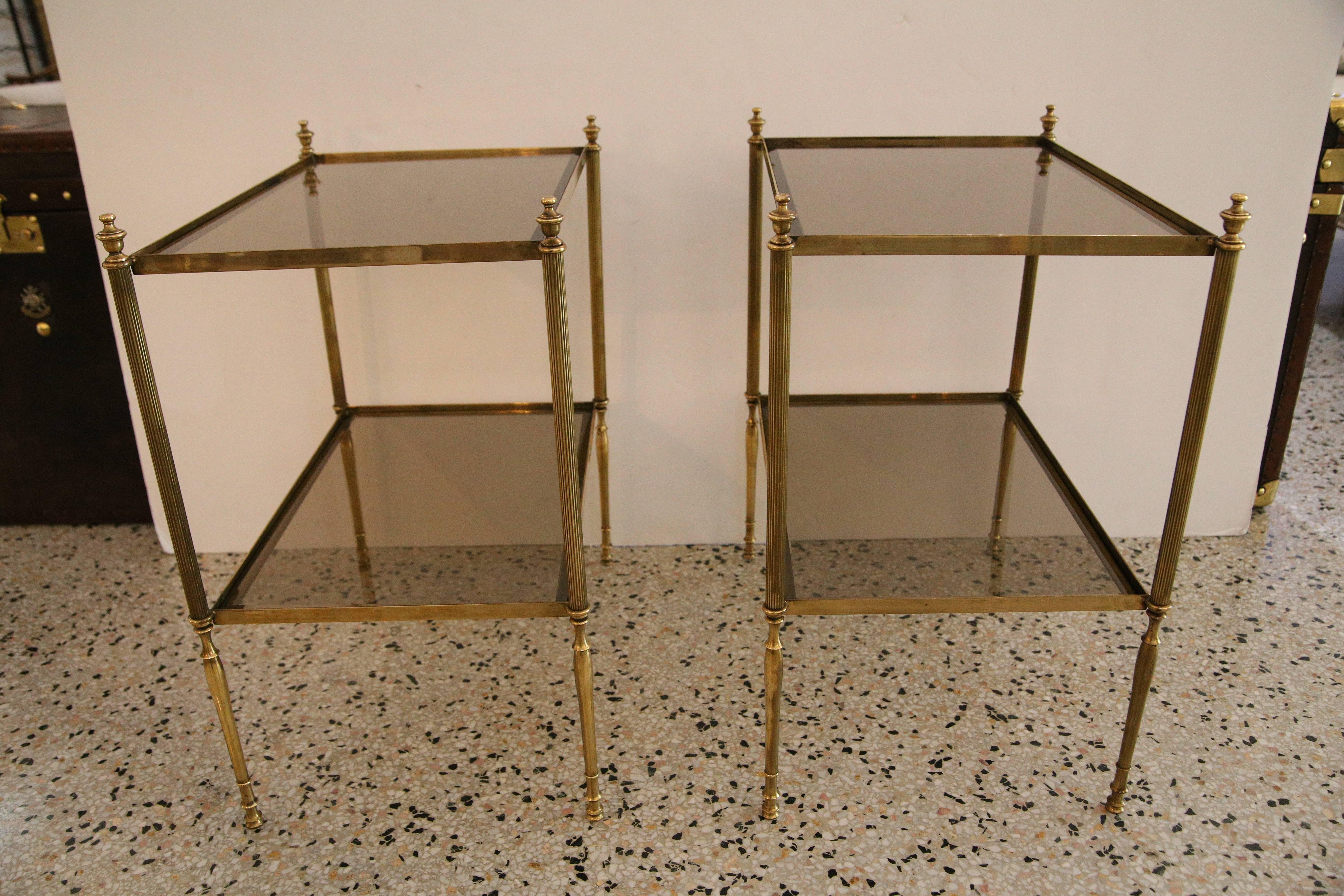 French Pair of Maison Baguès Style Side Tables in Brass and Glass