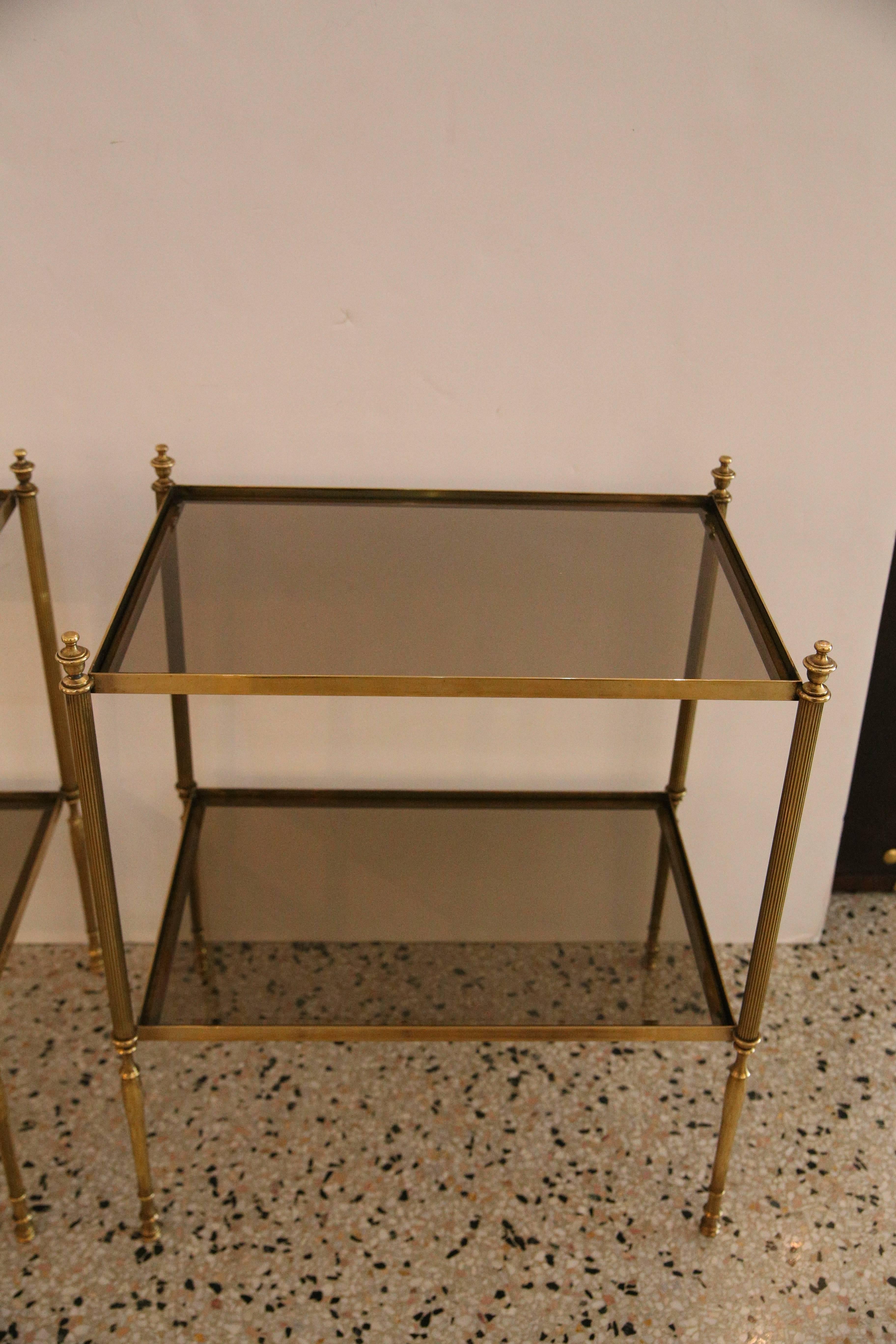 Pair of Maison Baguès Style Side Tables in Brass and Glass In Good Condition In West Palm Beach, FL