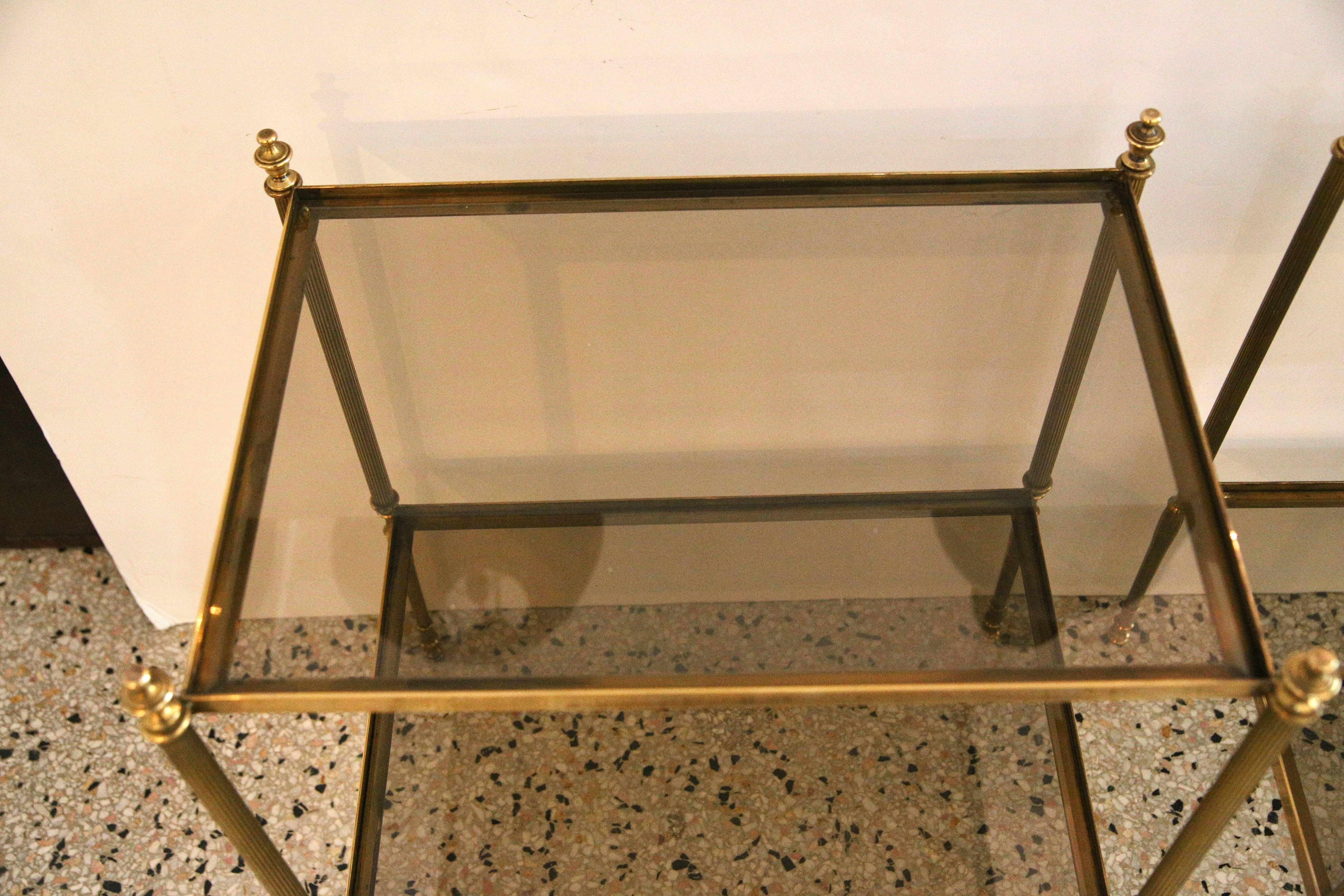 Pair of Maison Baguès Style Side Tables in Brass and Glass 1