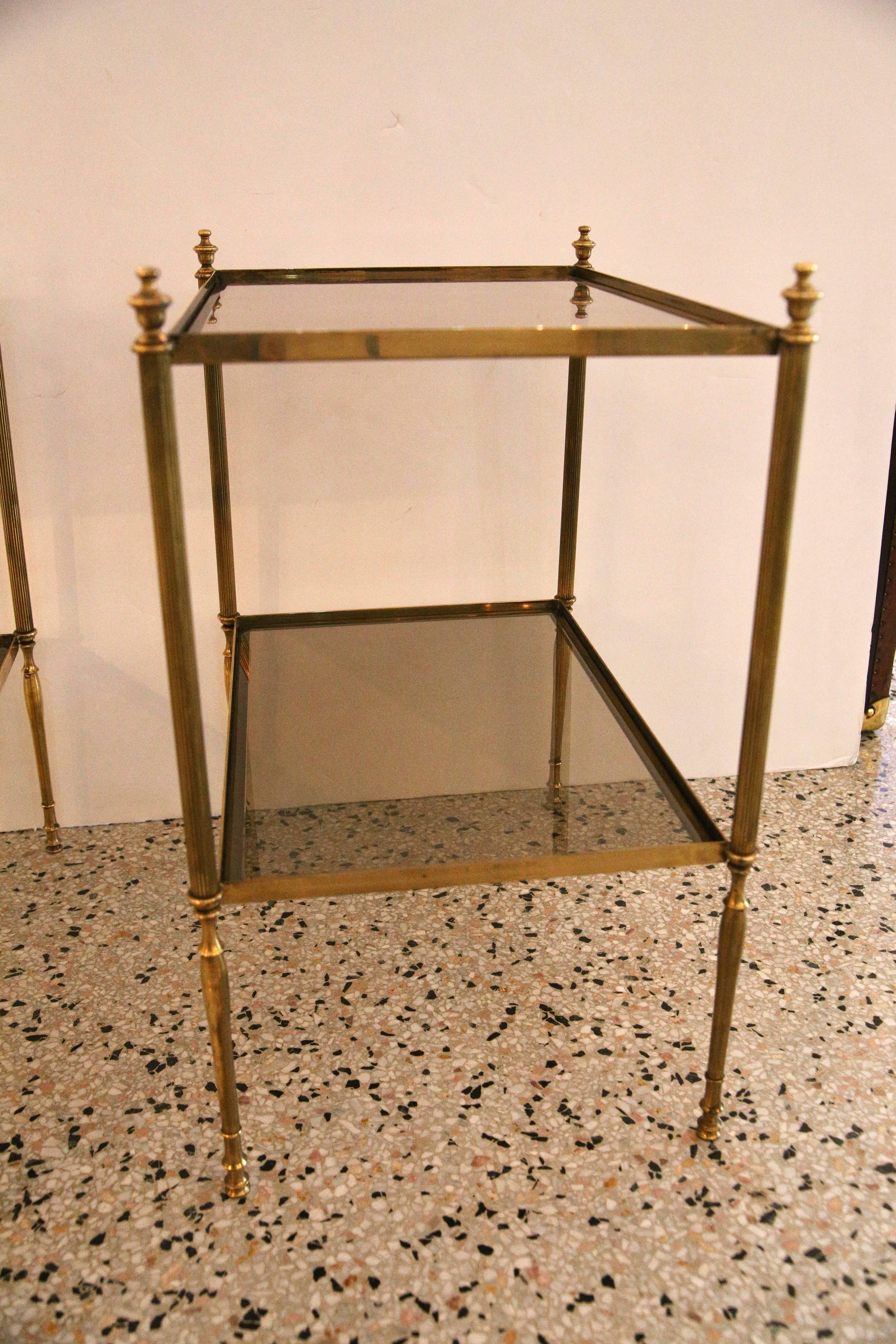 Pair of Maison Baguès Style Side Tables in Brass and Glass 3