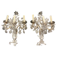 Pair of Maison Bagues Style Silver Metal And Rock Crystal 3 Light Wall Sconces