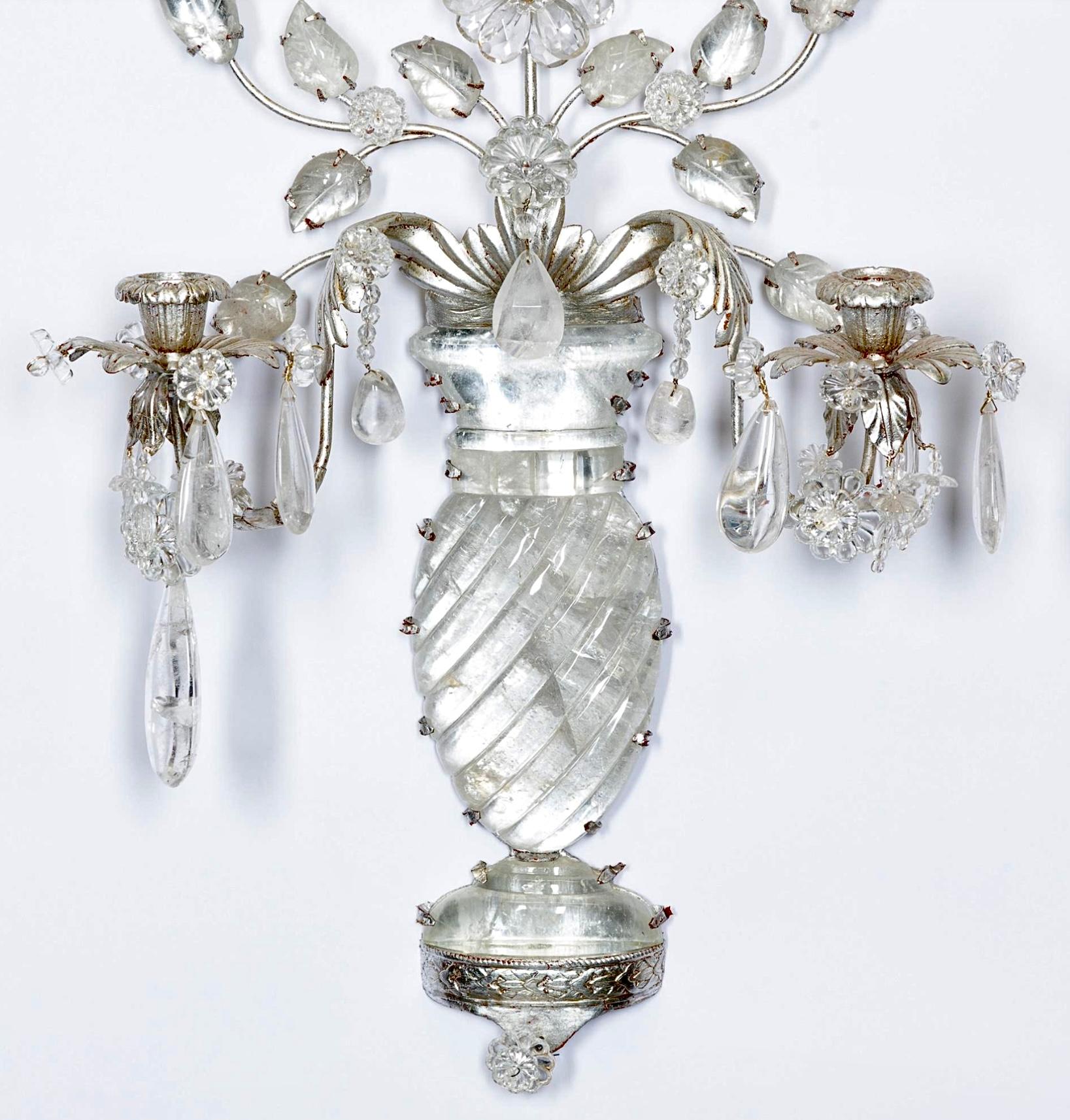 Pair of Maison Baguès Style Silver Metal And Rock Crystal Two Light Wall Sconces For Sale 4