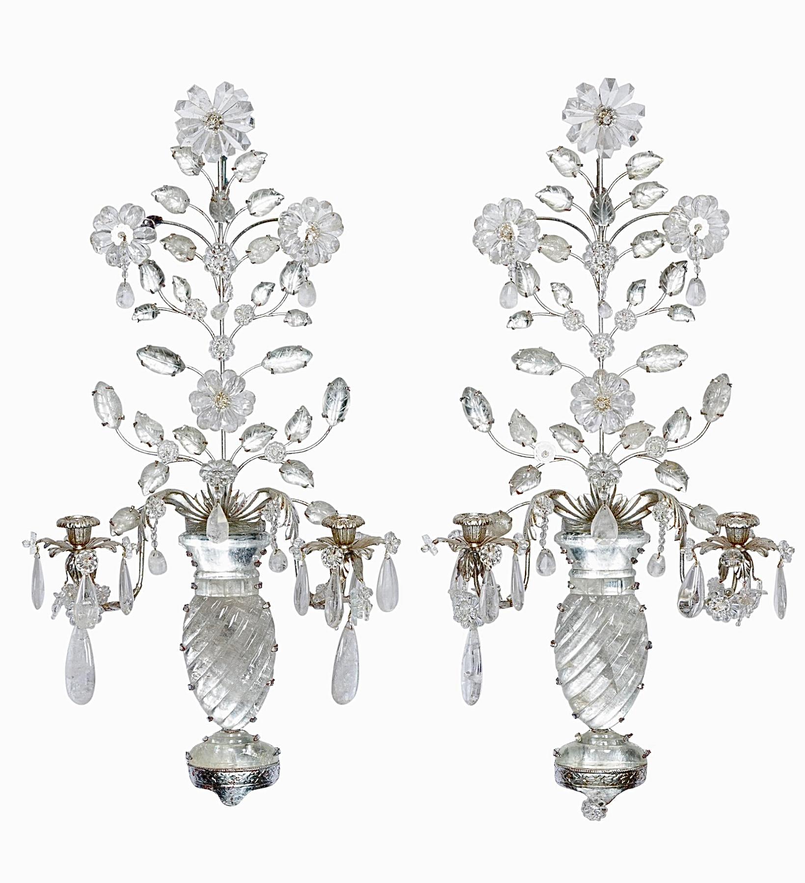 Pair of Maison Baguès Style Silver Metal And Rock Crystal Two Light Wall Sconces For Sale 5