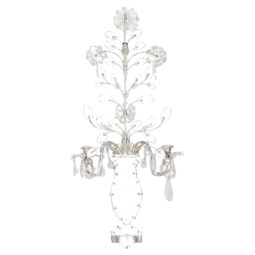 Neoclassical Pair of Maison Baguès Style Silver Metal And Rock Crystal Two Light Wall Sconces For Sale