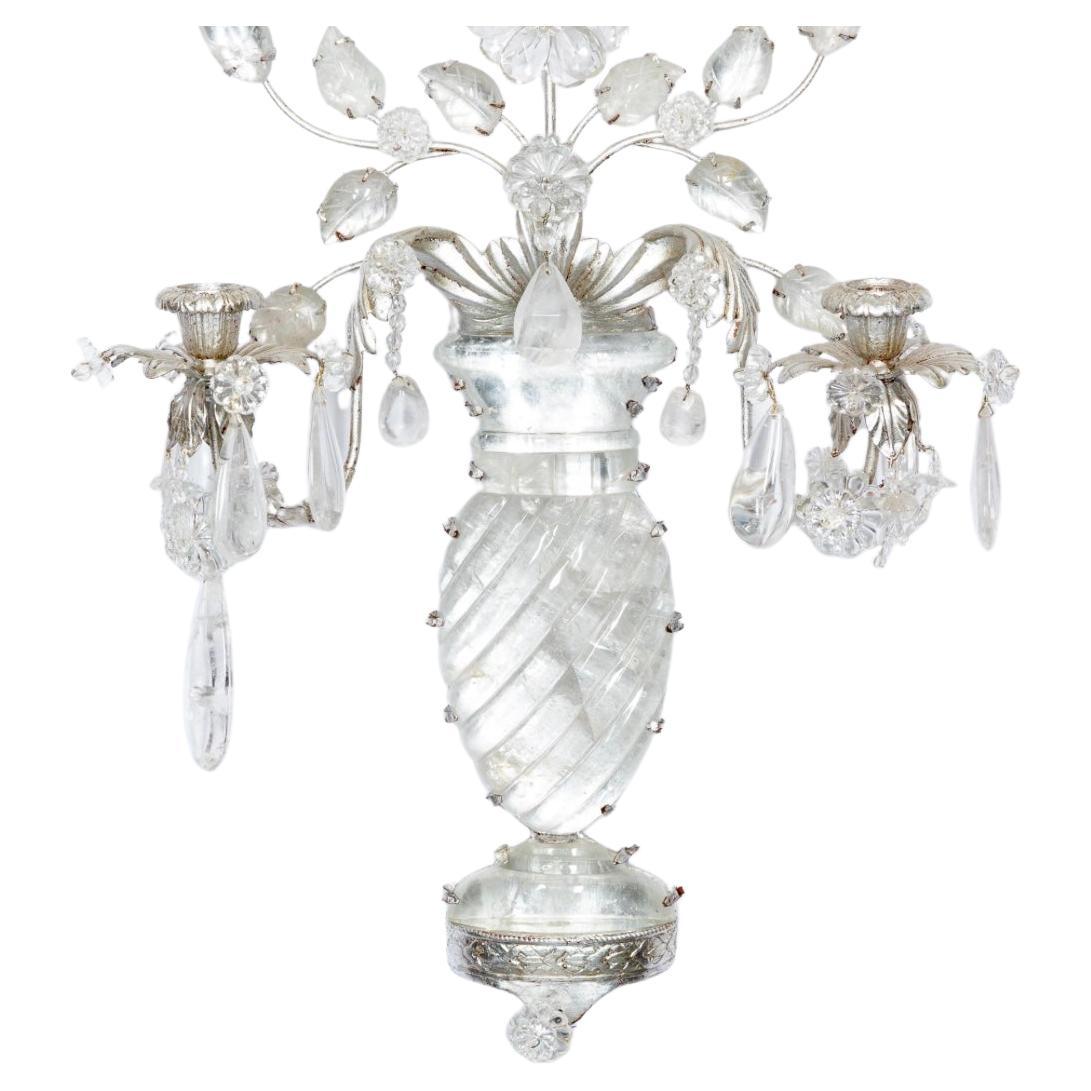 French Pair of Maison Baguès Style Silver Metal And Rock Crystal Two Light Wall Sconces For Sale