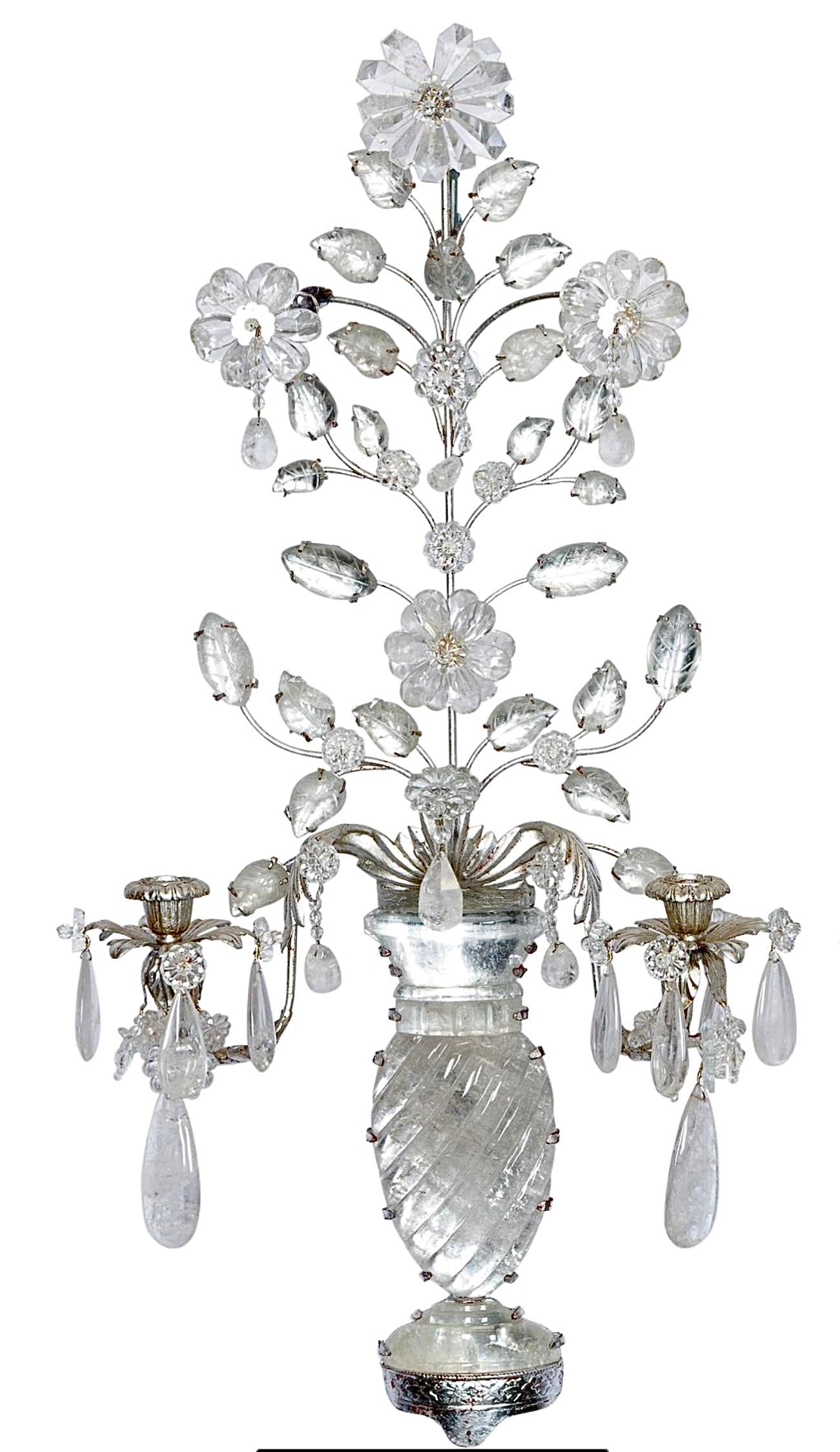 Pair of Maison Baguès Style Silver Metal And Rock Crystal Two Light Wall Sconces For Sale 1