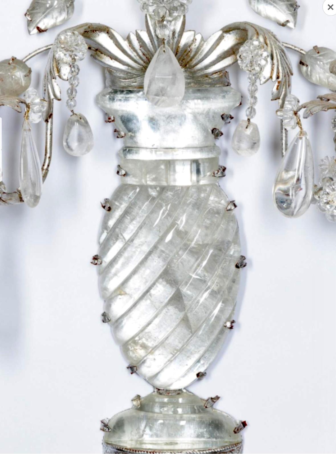 Pair of Maison Baguès Style Silver Metal And Rock Crystal Two Light Wall Sconces For Sale 2