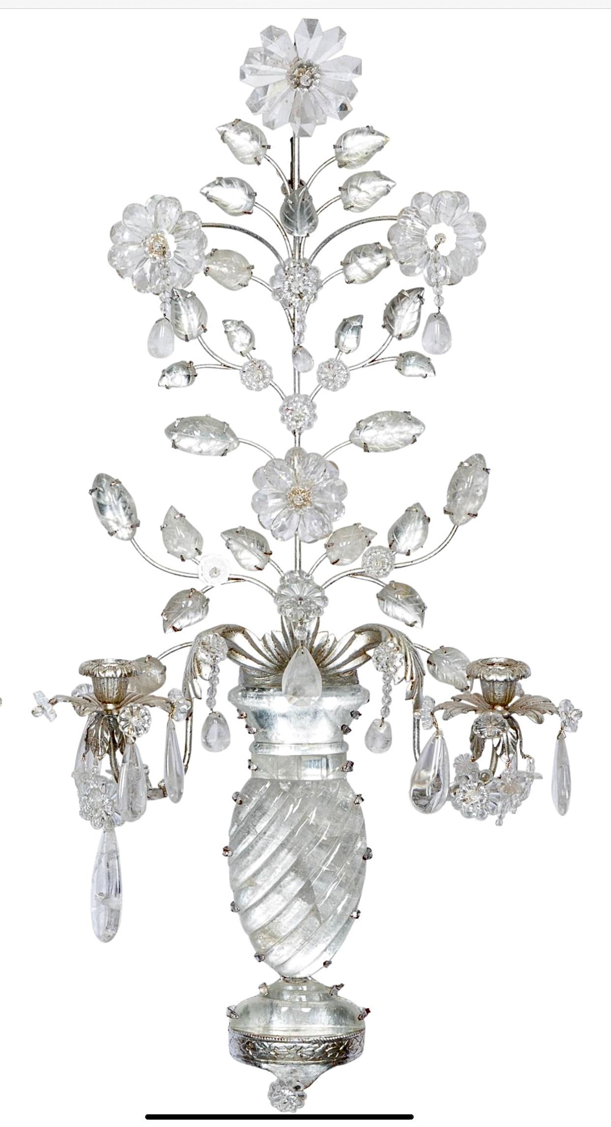 Pair of Maison Baguès Style Silver Metal And Rock Crystal Two Light Wall Sconces For Sale 3