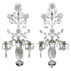 Vintage Pair of Maison Baguès Style Silver Metal And Rock Crystal Two Light Wall Sconces