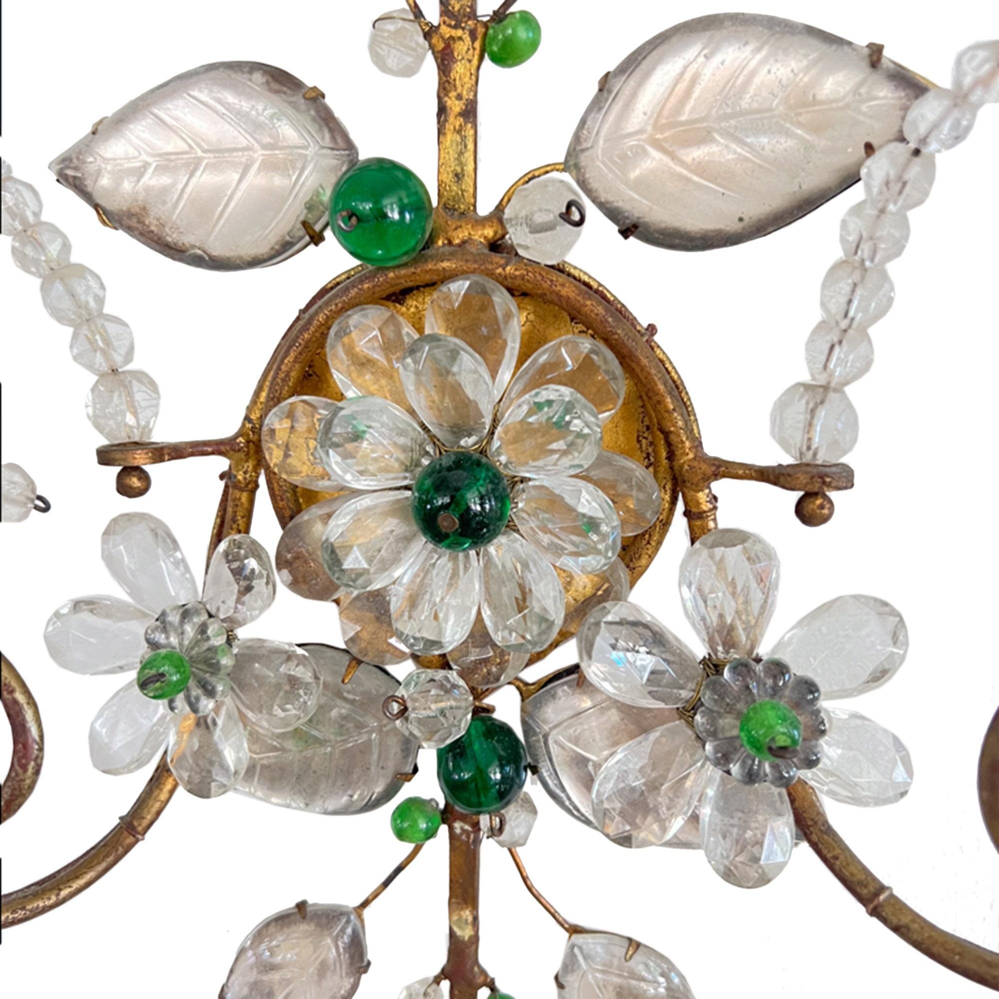 Hand-Crafted Pair of Maison Baguès Wall Sconces with Green Bead Detail