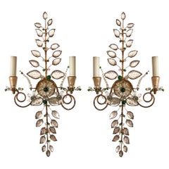 Pair of Maison Baguès Wall Sconces with Green Bead Detail