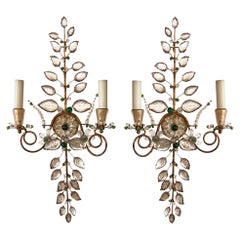 Vintage Pair of Maison Baguès Wall Sconces with Green Bead Detail