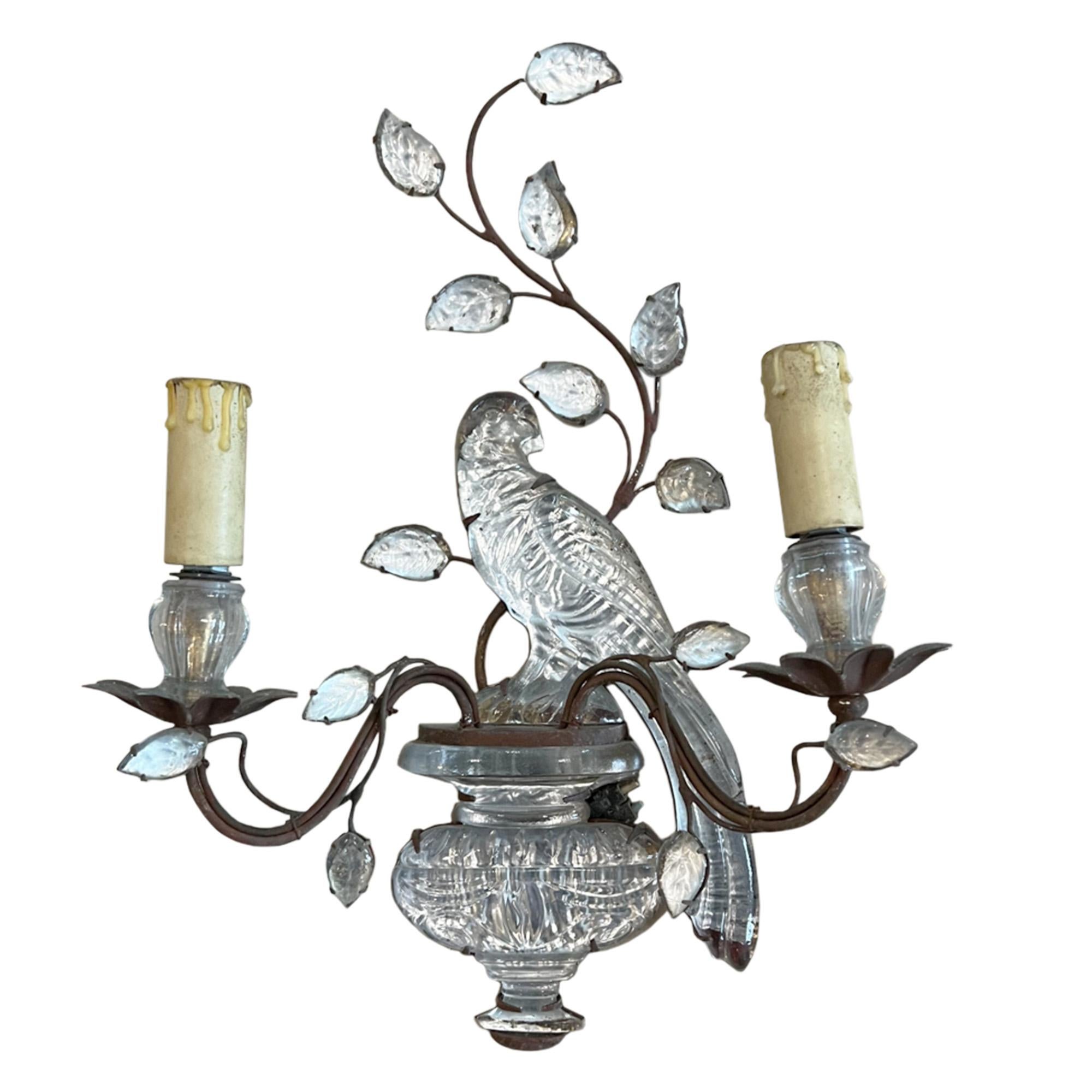 Hand-Crafted Pair of Maison Baguès Wall Sconces with Parrot and Urn Decoration  For Sale
