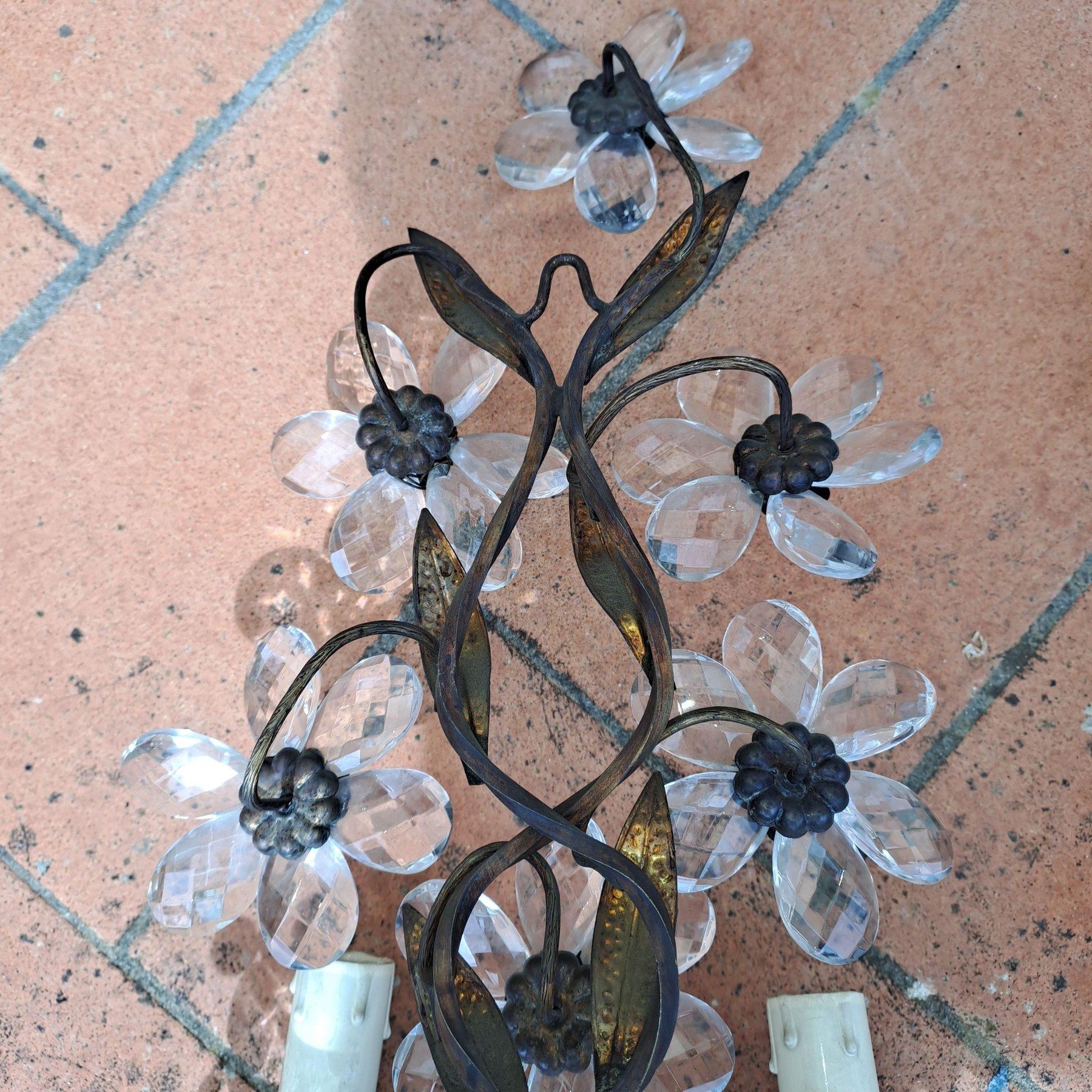 Pair of Maison Baguès Wrought Iron Clear Crystal Flower Wall Sconces, 1920s For Sale 6